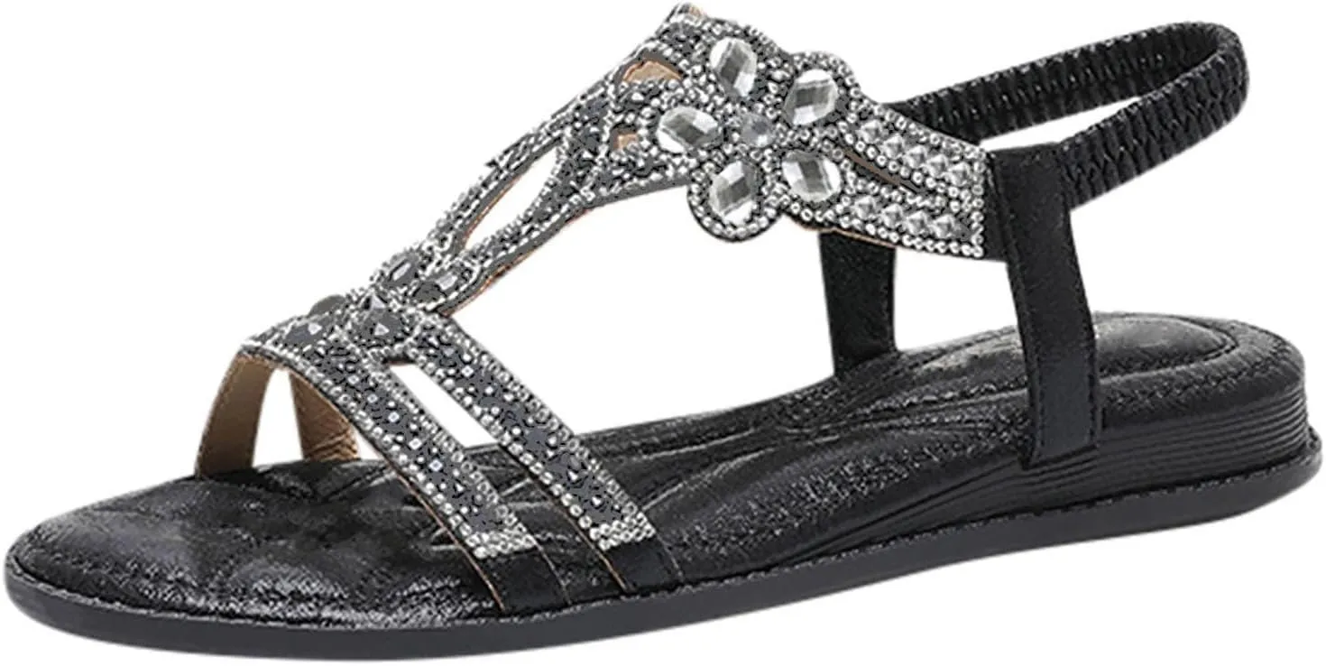 Beach Sandals for Woman 2025 Dressy Summer Flat Casual Rhinestone Beaded Sparkly Bling Bohemian Lace Flower Sandal Comfortable Elastic Ankle Strap Beach Shoes