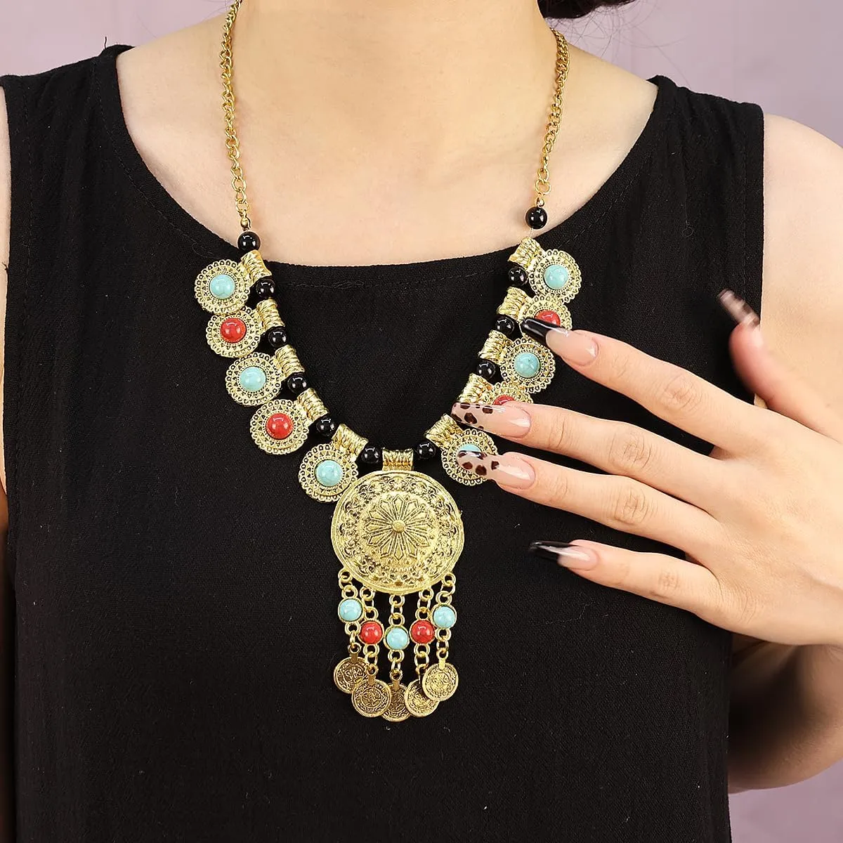 Bethynas Boho Indian Ethnic Chunky Jewelry Set for Women Long Tassel Tribal Turquoise Coin Necklace Vintage Gold Dangle Drop Earrings Exaggerated Costume Accessories