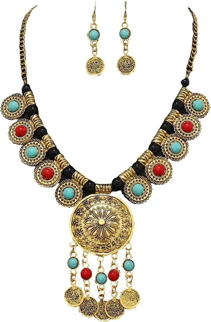 Bethynas Boho Indian Ethnic Chunky Jewelry Set for Women Long Tassel Tribal Turquoise Coin Necklace Vintage Gold Dangle Drop Earrings Exaggerated Costume Accessories