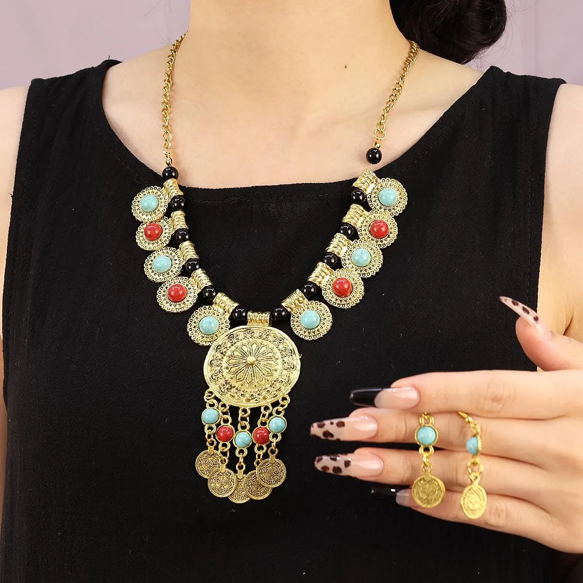 Bethynas Boho Indian Ethnic Chunky Jewelry Set for Women Long Tassel Tribal Turquoise Coin Necklace Vintage Gold Dangle Drop Earrings Exaggerated Costume Accessories