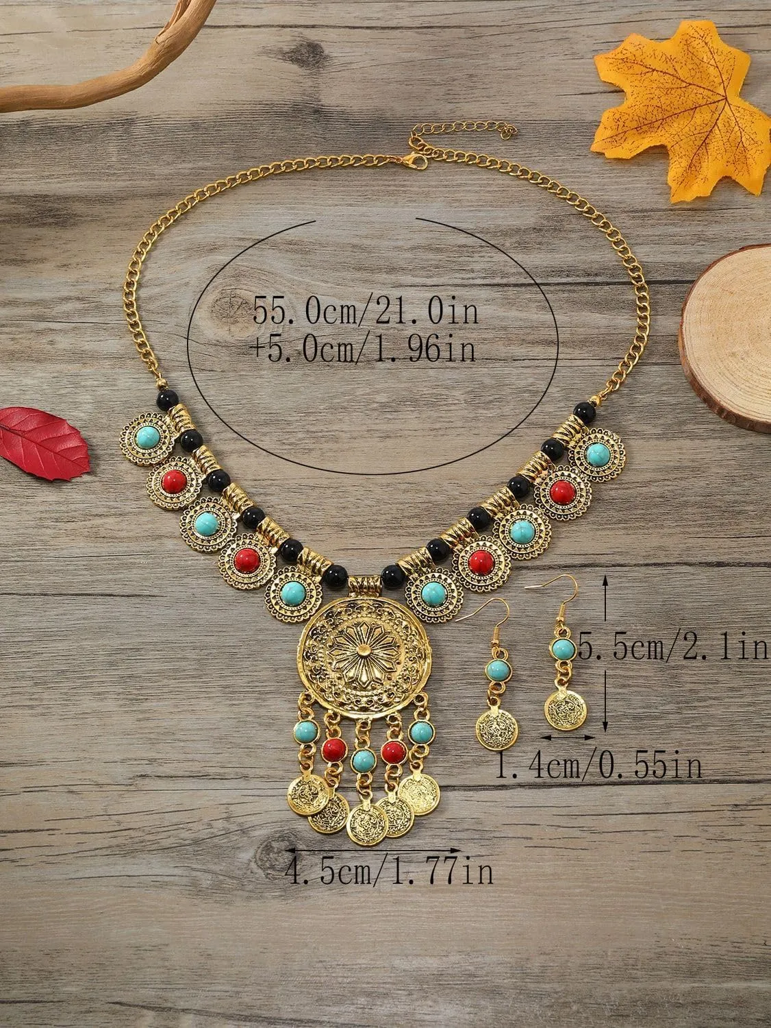 Bethynas Boho Indian Ethnic Chunky Jewelry Set for Women Long Tassel Tribal Turquoise Coin Necklace Vintage Gold Dangle Drop Earrings Exaggerated Costume Accessories