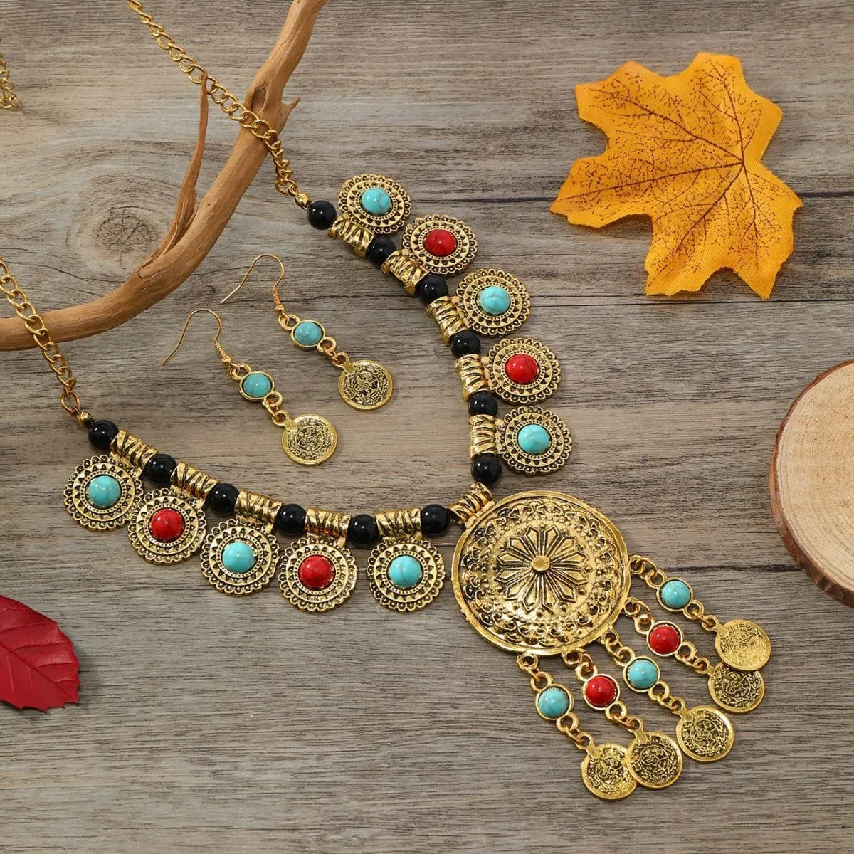 Bethynas Boho Indian Ethnic Chunky Jewelry Set for Women Long Tassel Tribal Turquoise Coin Necklace Vintage Gold Dangle Drop Earrings Exaggerated Costume Accessories