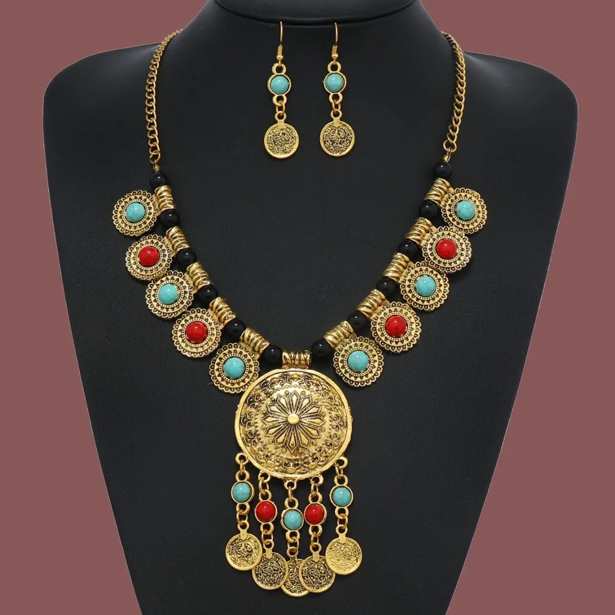 Bethynas Boho Indian Ethnic Chunky Jewelry Set for Women Long Tassel Tribal Turquoise Coin Necklace Vintage Gold Dangle Drop Earrings Exaggerated Costume Accessories