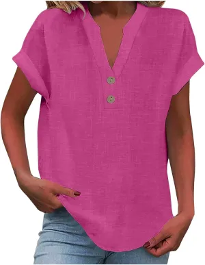 Binmer Half Button Linen Tops for Womens Oversized Short Sleeve V Neck Shirts Loose Fit Tunic Blouse Casual Summer Tee