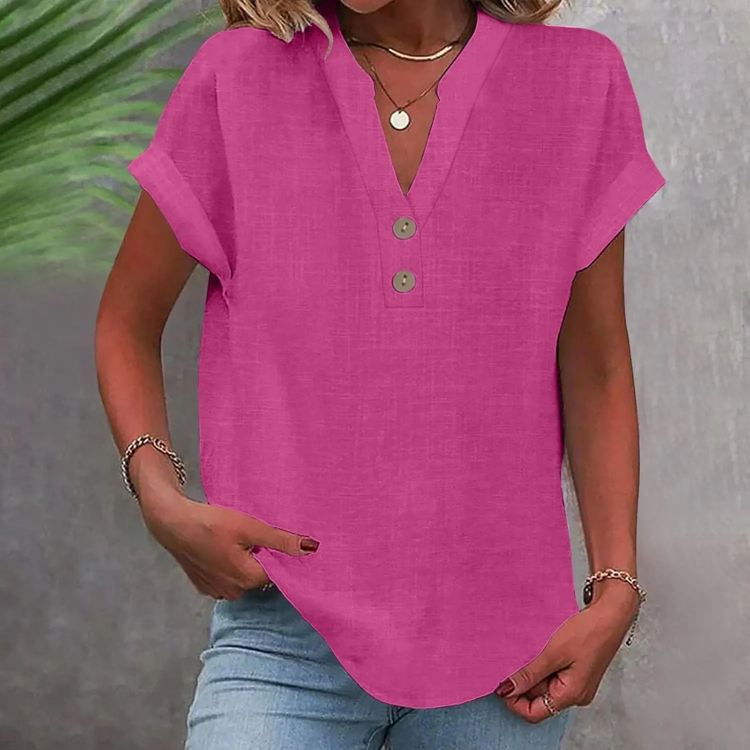 Binmer Half Button Linen Tops for Womens Oversized Short Sleeve V Neck Shirts Loose Fit Tunic Blouse Casual Summer Tee