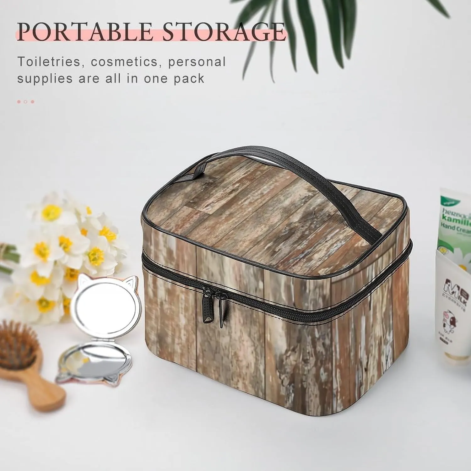 Black Bear Cabin Rustic Wood Large Capacity Soft And High-value Practical Makeup And Wash Bag