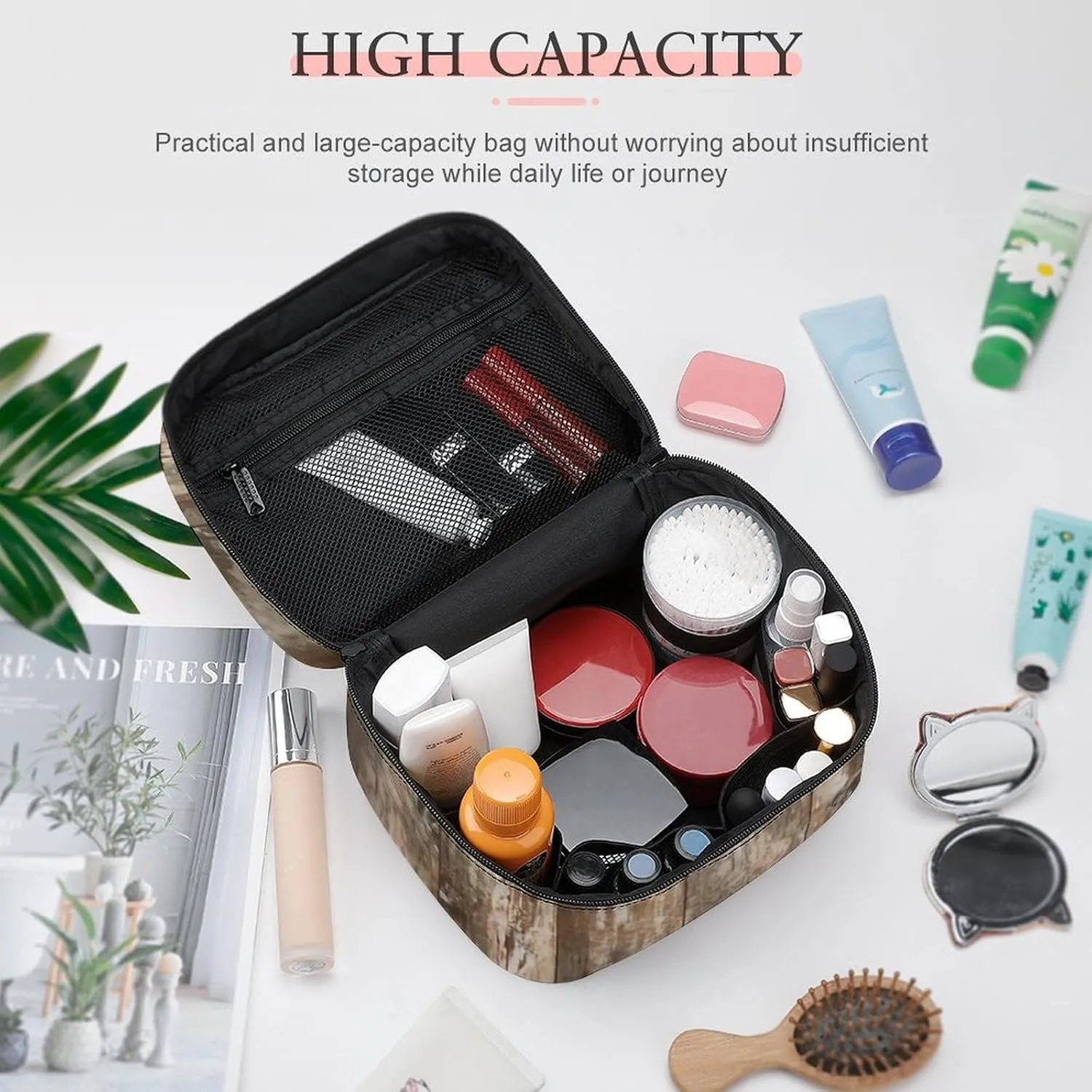 Black Bear Cabin Rustic Wood Large Capacity Soft And High-value Practical Makeup And Wash Bag