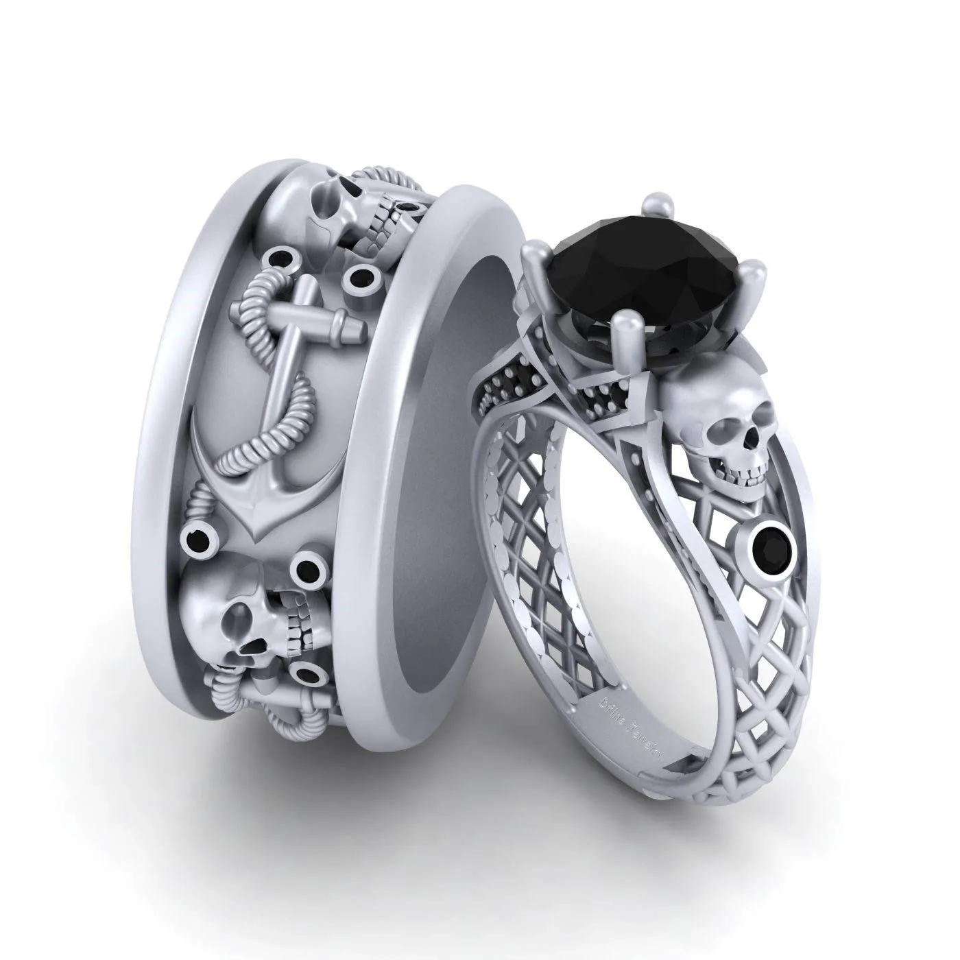 Black Diamond Anchor and Gothic Skull Matching Couple Rings Skull Wedding Ring Band Set Solid 925 Sterling Silver