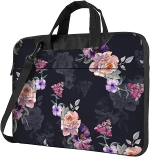 Black Floral Vintage Boho Flower Stylish 13-15.6 Inch Laptop Bag For Man And Women, Computer Messenger Bag, Trendy Shoulder Strap Design
