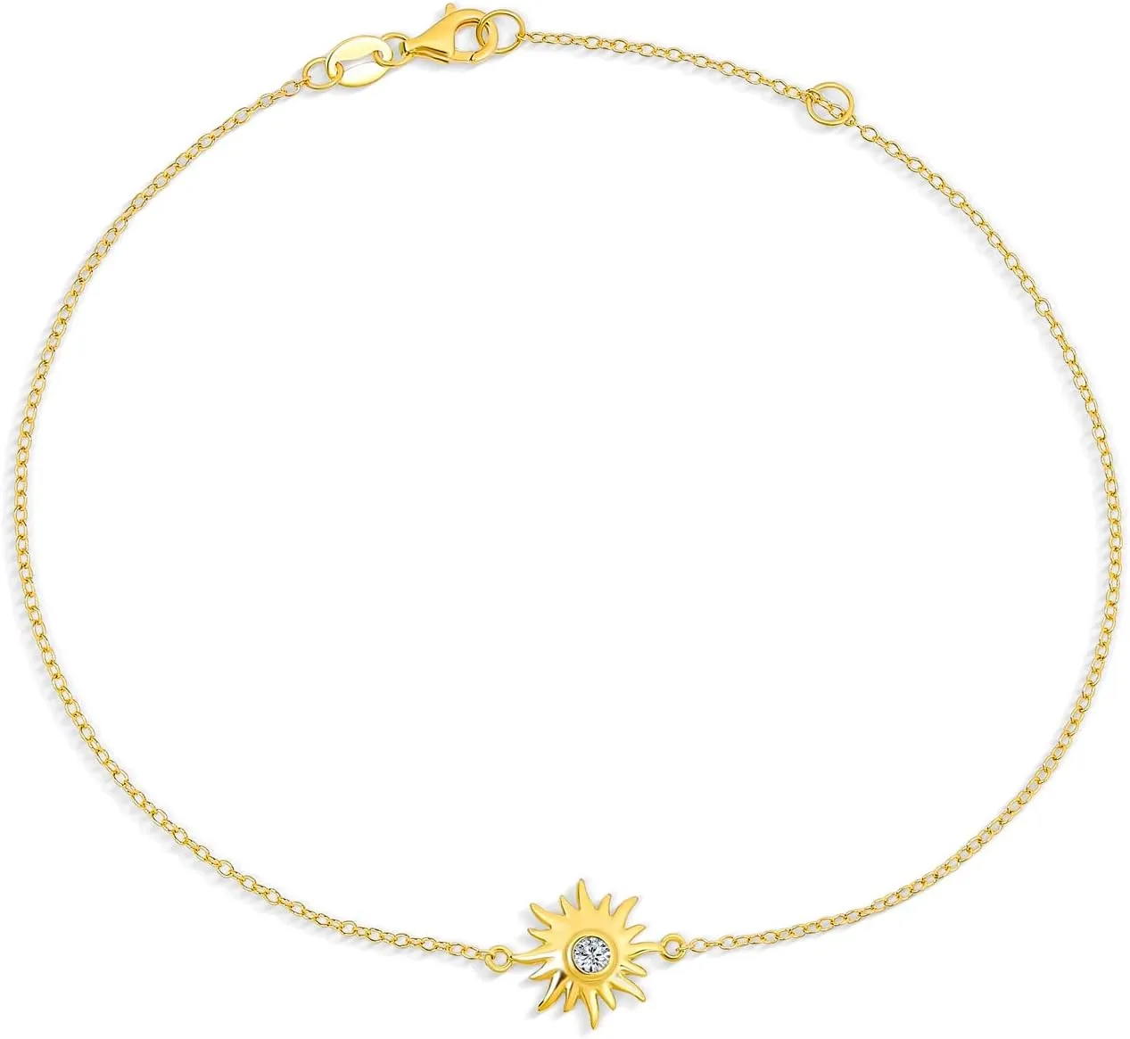 Bling Jewelry Sunburst Sun Shape Beach CZ Accent Anklet Ankle Bracelet For Women 14K Gold Plated .925 Sterling Silver Adjustable 9 To 10 Inch With Extender