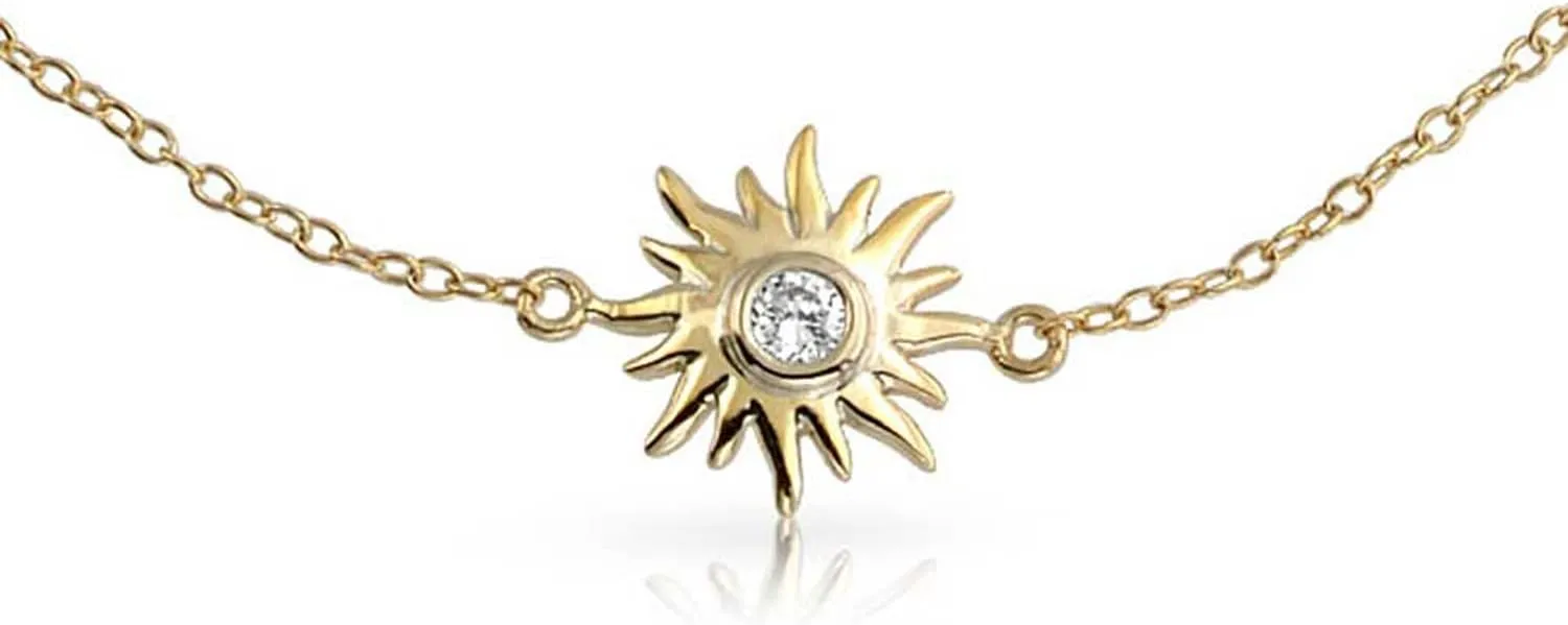 Bling Jewelry Sunburst Sun Shape Beach CZ Accent Anklet Ankle Bracelet For Women 14K Gold Plated .925 Sterling Silver Adjustable 9 To 10 Inch With Extender