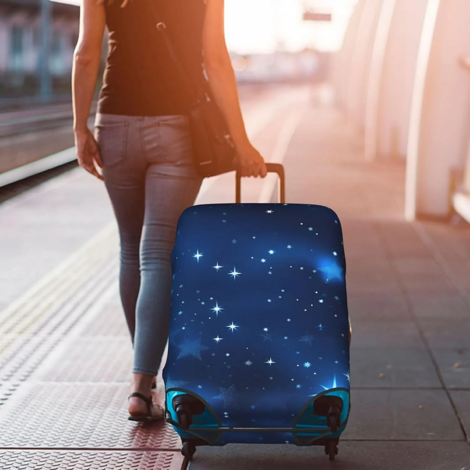 Blue Shining Stars pattern Print Practical Elastic Washable Travel Luggage Cover with Concealed Zipper for Suitcases