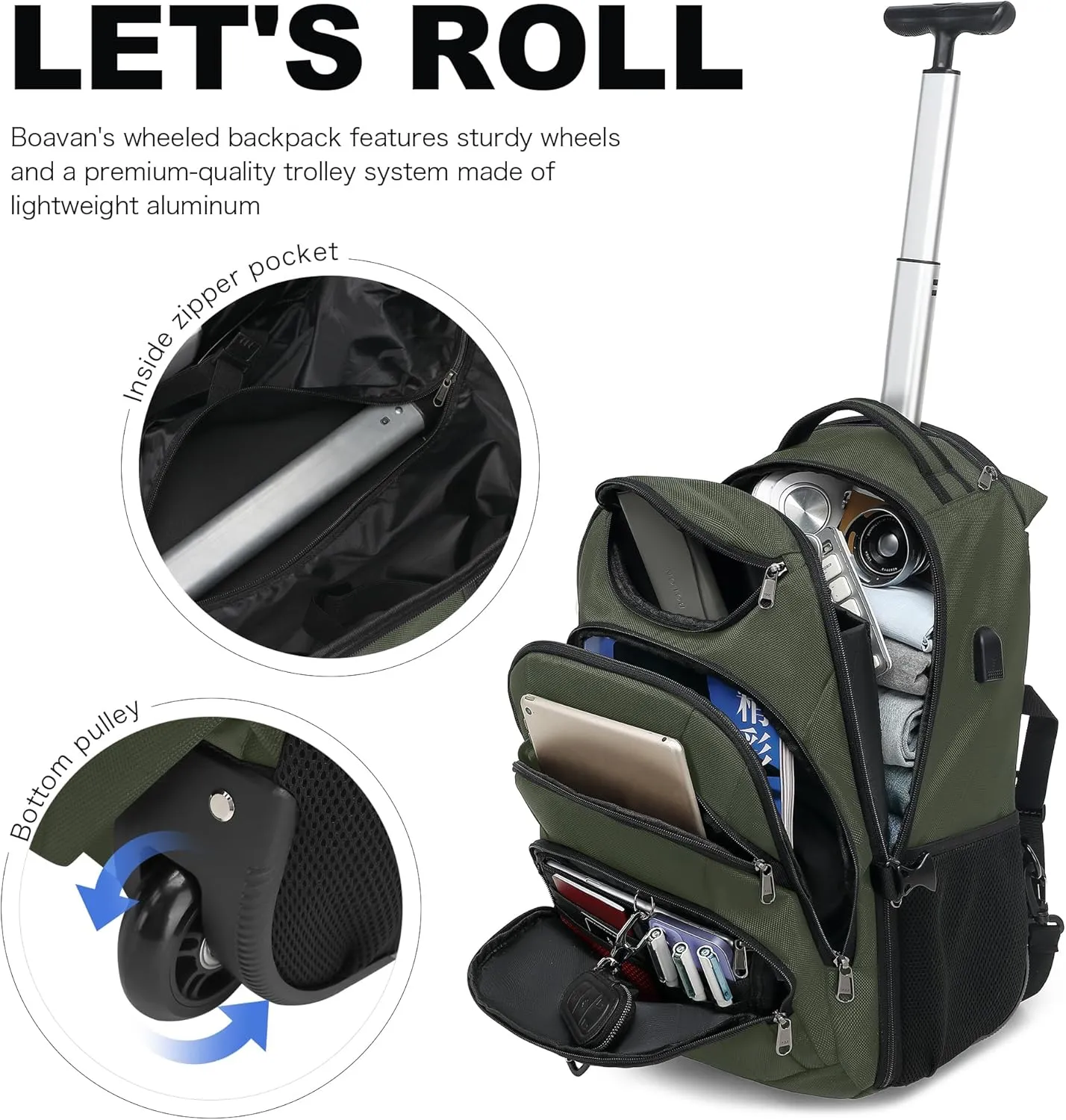 Boavan Rolling Backpack,17 inch Water Resistant Wheeled Backpack,Carry on Luggage Business Bag, Overnight College Computer bag Trolley Suitcase for Men Women Adults to TravelGreen