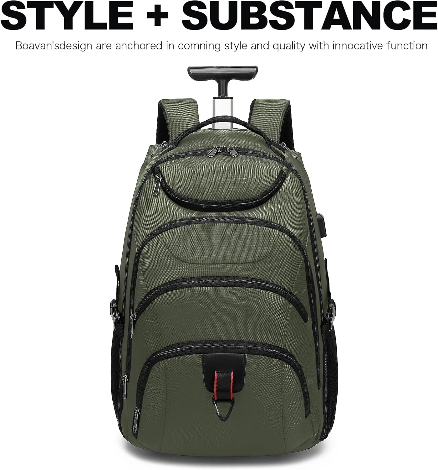 Boavan Rolling Backpack,17 inch Water Resistant Wheeled Backpack,Carry on Luggage Business Bag, Overnight College Computer bag Trolley Suitcase for Men Women Adults to TravelGreen