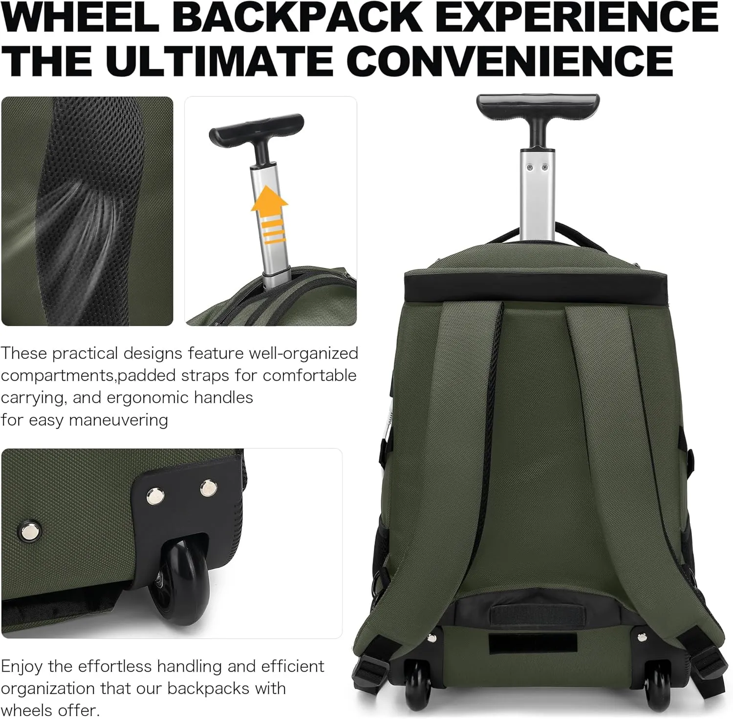 Boavan Rolling Backpack,17 inch Water Resistant Wheeled Backpack,Carry on Luggage Business Bag, Overnight College Computer bag Trolley Suitcase for Men Women Adults to TravelGreen