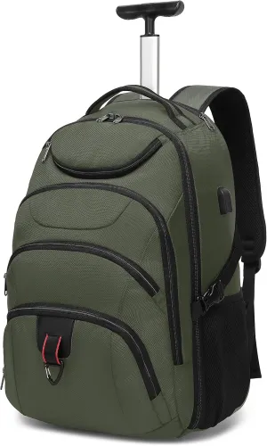 Boavan Rolling Backpack,17 inch Water Resistant Wheeled Backpack,Carry on Luggage Business Bag, Overnight College Computer bag Trolley Suitcase for Men Women Adults to TravelGreen