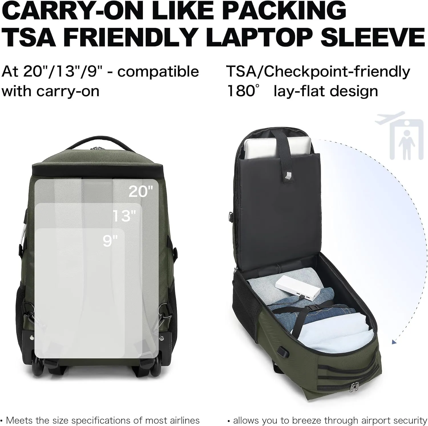 Boavan Rolling Backpack,17 inch Water Resistant Wheeled Backpack,Carry on Luggage Business Bag, Overnight College Computer bag Trolley Suitcase for Men Women Adults to TravelGreen
