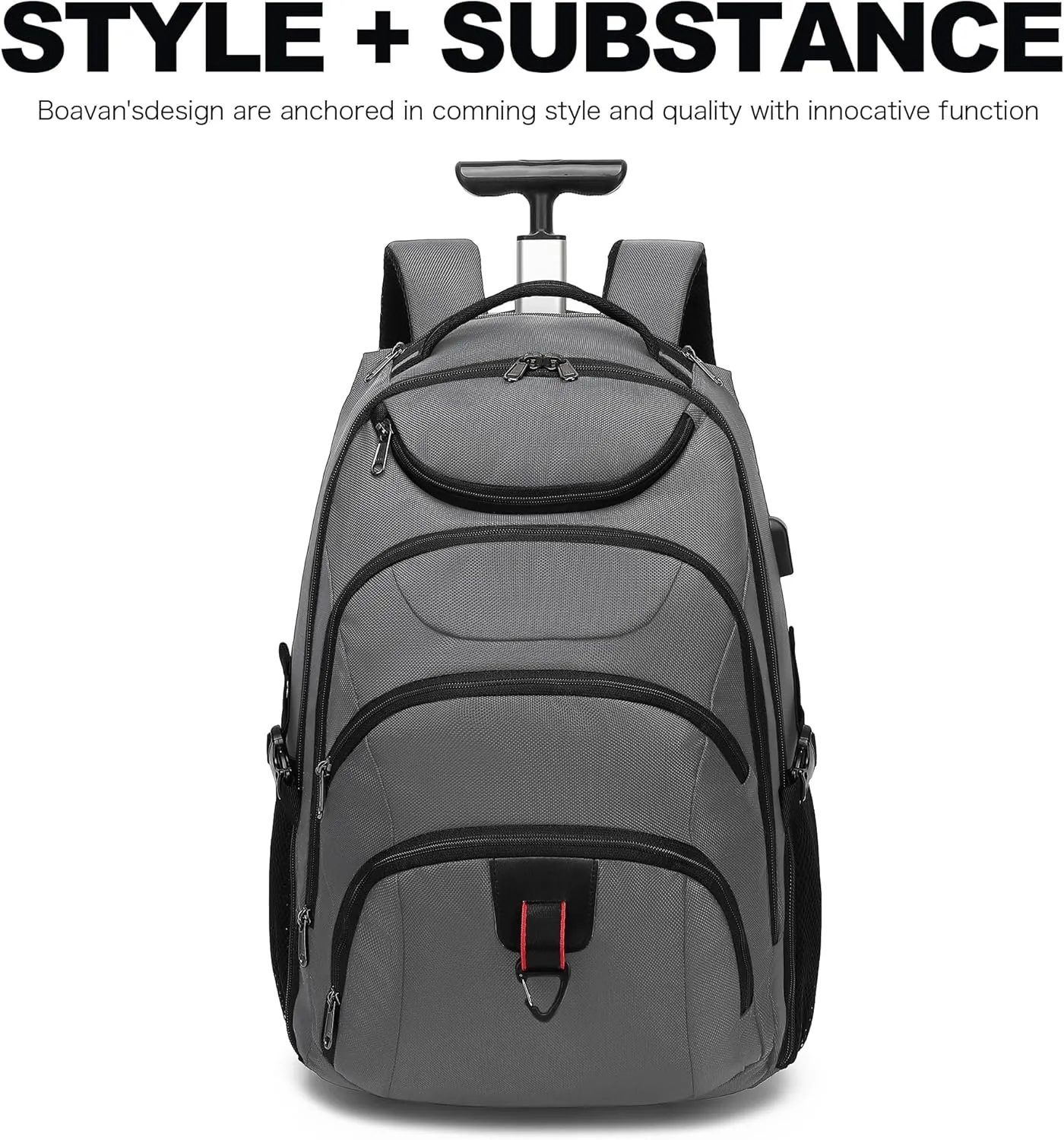 Boavan Rolling Backpack,17 inch Water Resistant Wheeled Backpack,Carry on Luggage Business Bag, Overnight College Computer bag Trolley Suitcase for Men Women Adults to TravelGrey
