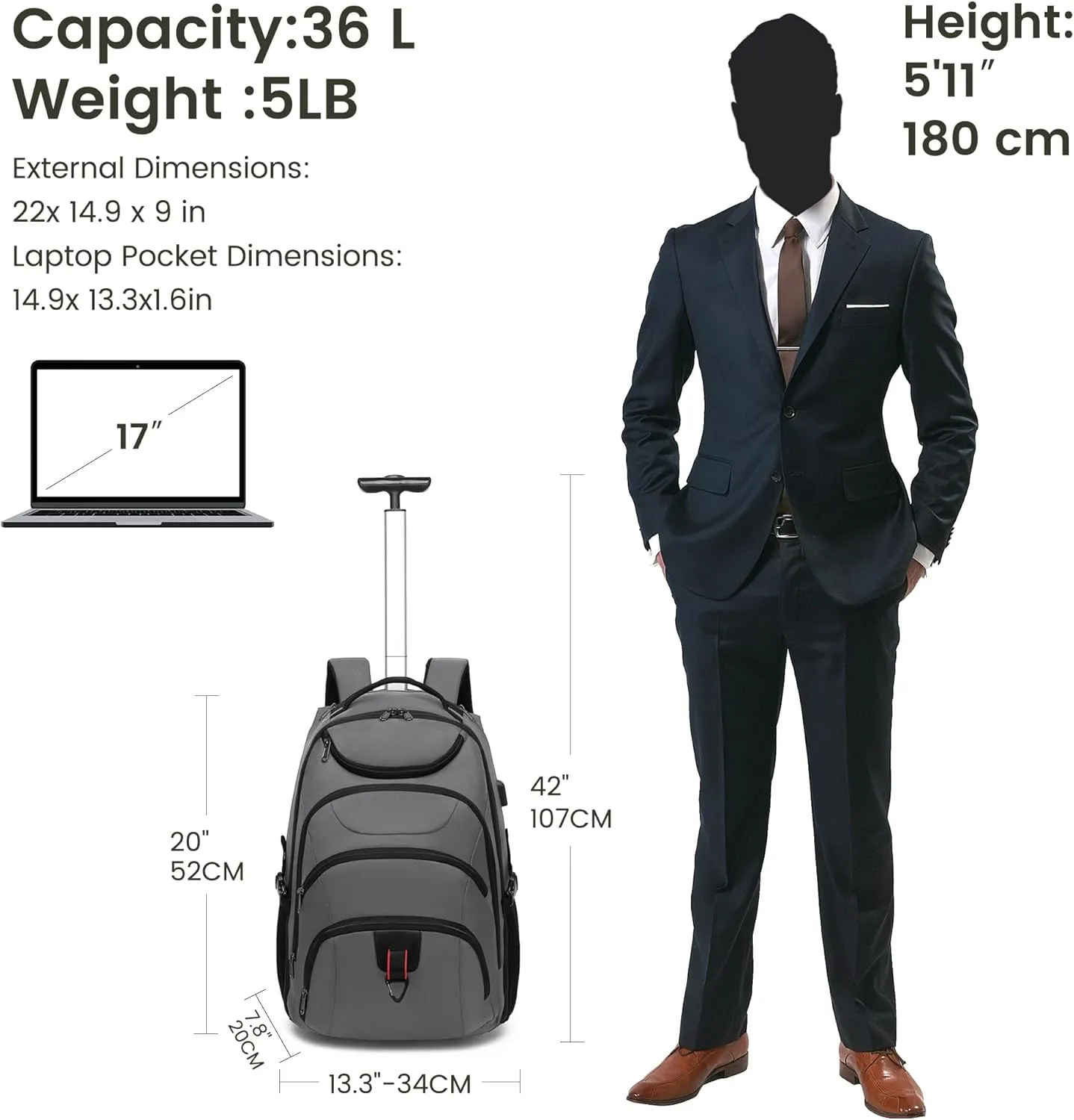 Boavan Rolling Backpack,17 inch Water Resistant Wheeled Backpack,Carry on Luggage Business Bag, Overnight College Computer bag Trolley Suitcase for Men Women Adults to TravelGrey