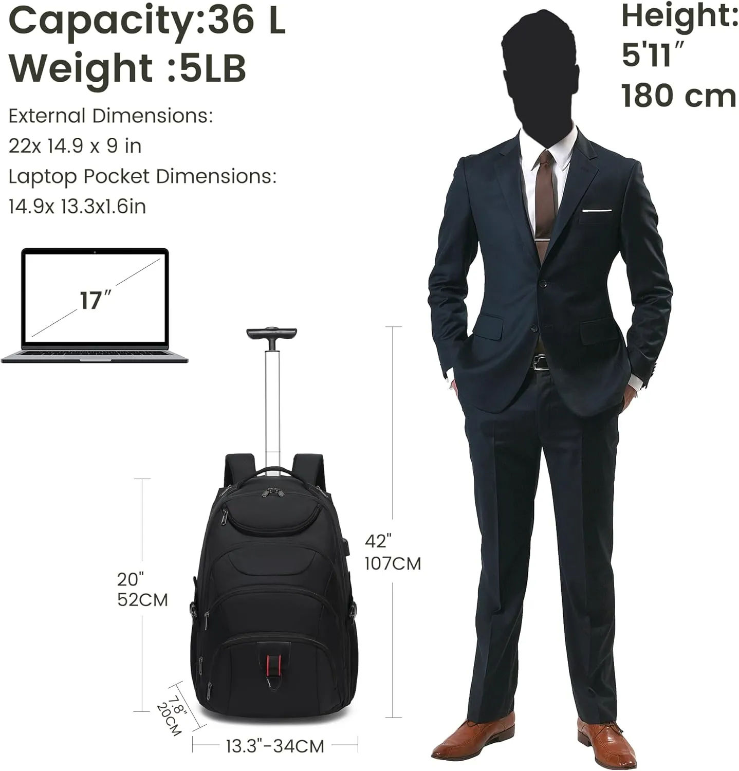 Boavan Rolling Backpack,17 inch Water Resistant Wheeled Backpack,Carry on Luggage Business Bag, Overnight College Computer Trolley Suitcase for Men Women Adults to TravelBlack