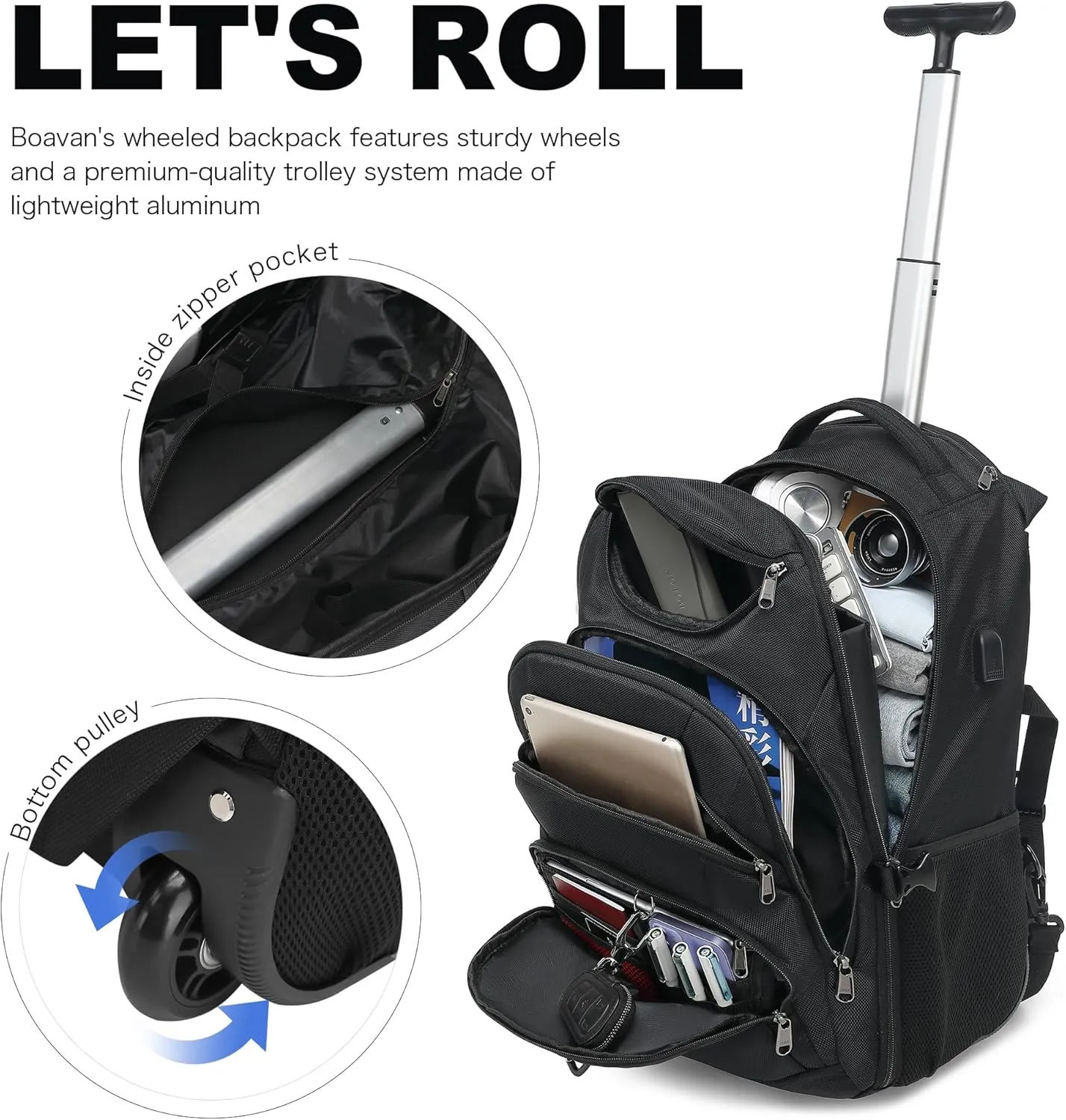 Boavan Rolling Backpack,17 inch Water Resistant Wheeled Backpack,Carry on Luggage Business Bag, Overnight College Computer Trolley Suitcase for Men Women Adults to TravelBlack