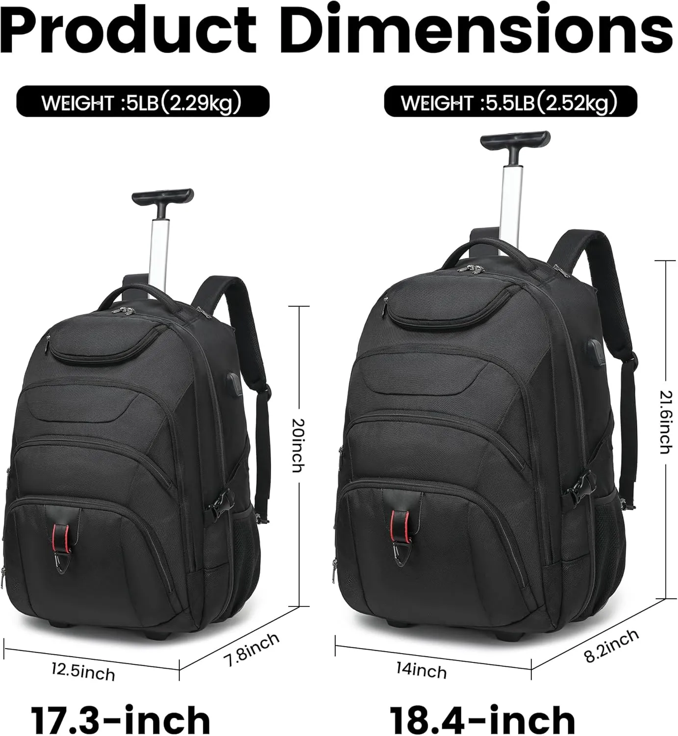 Boavan Rolling Backpack,17 inch Water Resistant Wheeled Backpack,Carry on Luggage Business Bag, Overnight College Computer Trolley Suitcase for Men Women Adults to TravelBlack