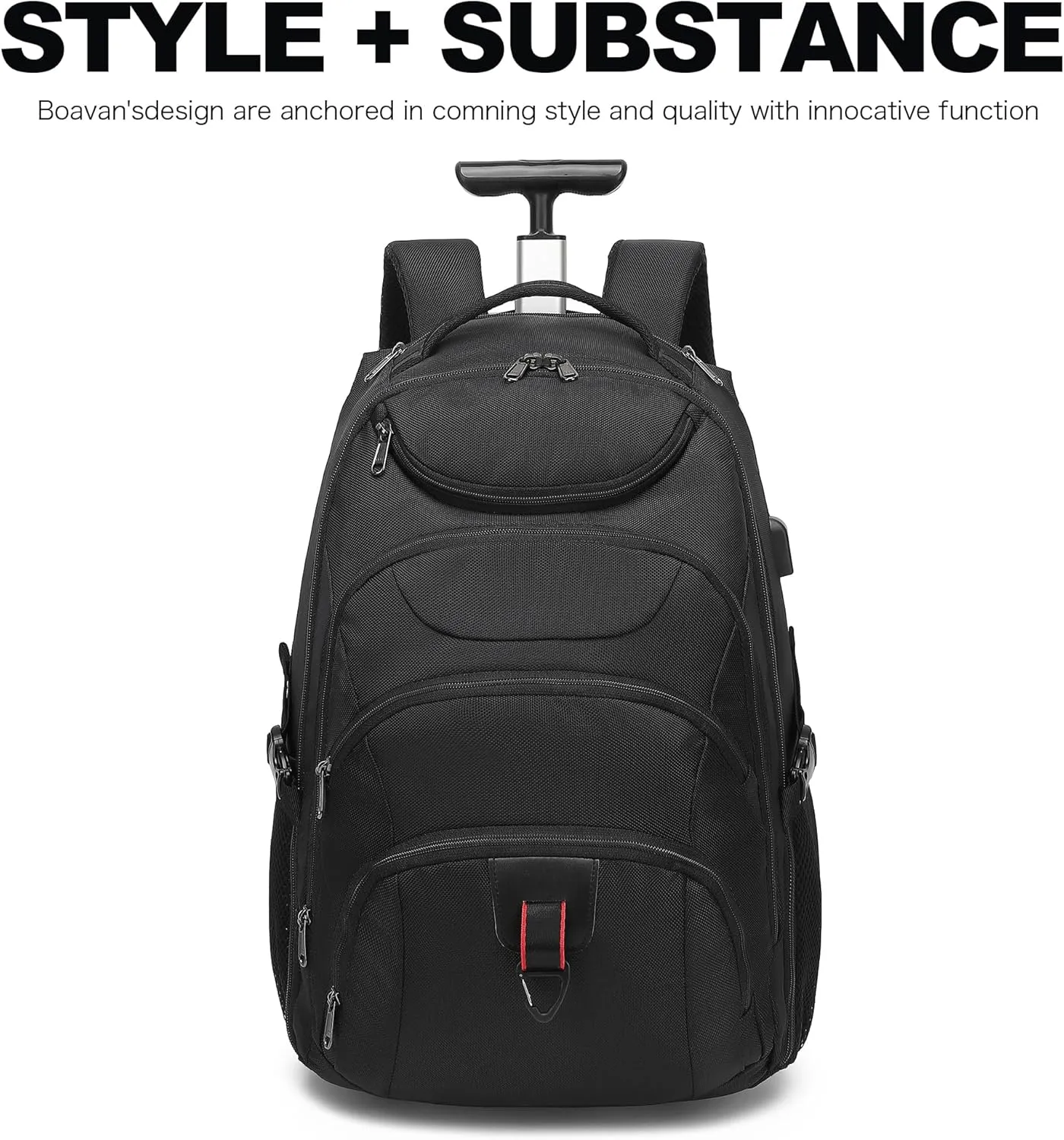 Boavan Rolling Backpack,17 inch Water Resistant Wheeled Backpack,Carry on Luggage Business Bag, Overnight College Computer Trolley Suitcase for Men Women Adults to TravelBlack