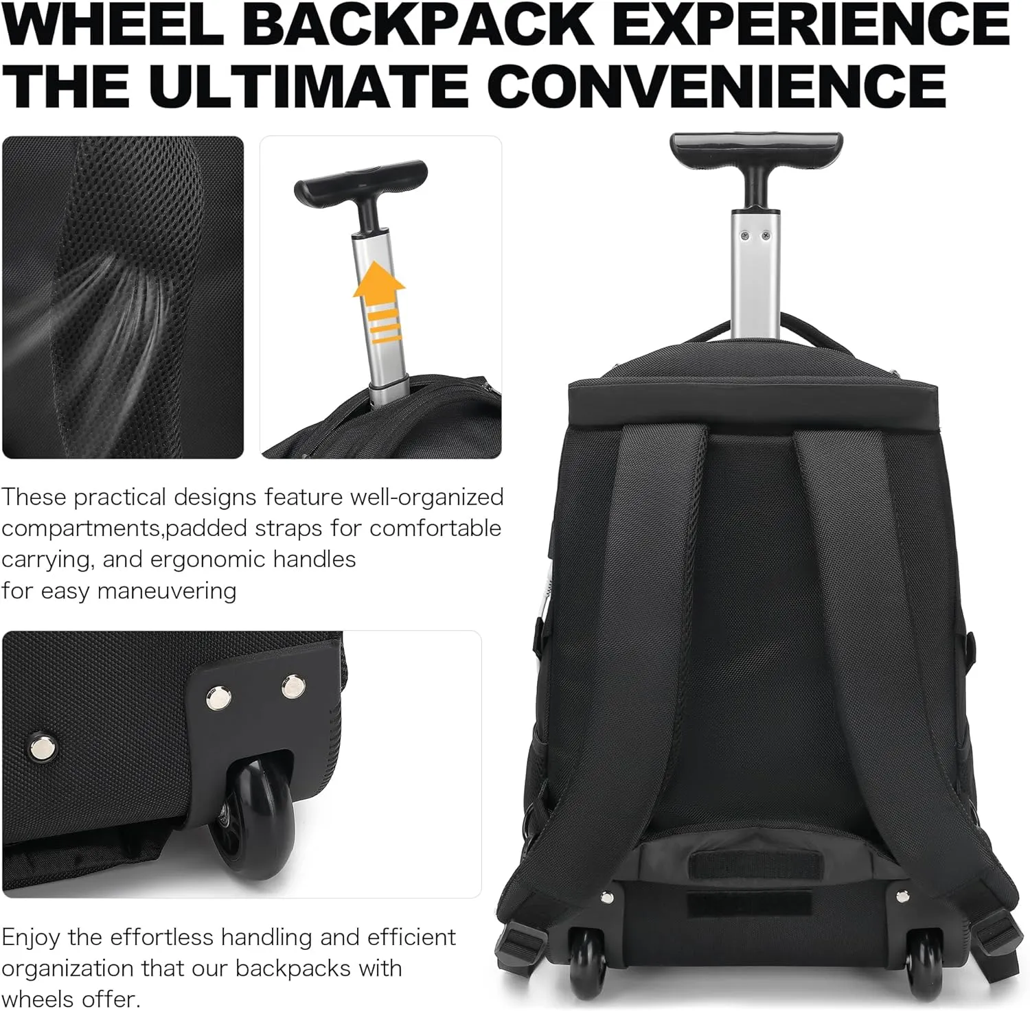 Boavan Rolling Backpack,17 inch Water Resistant Wheeled Backpack,Carry on Luggage Business Bag, Overnight College Computer Trolley Suitcase for Men Women Adults to TravelBlack