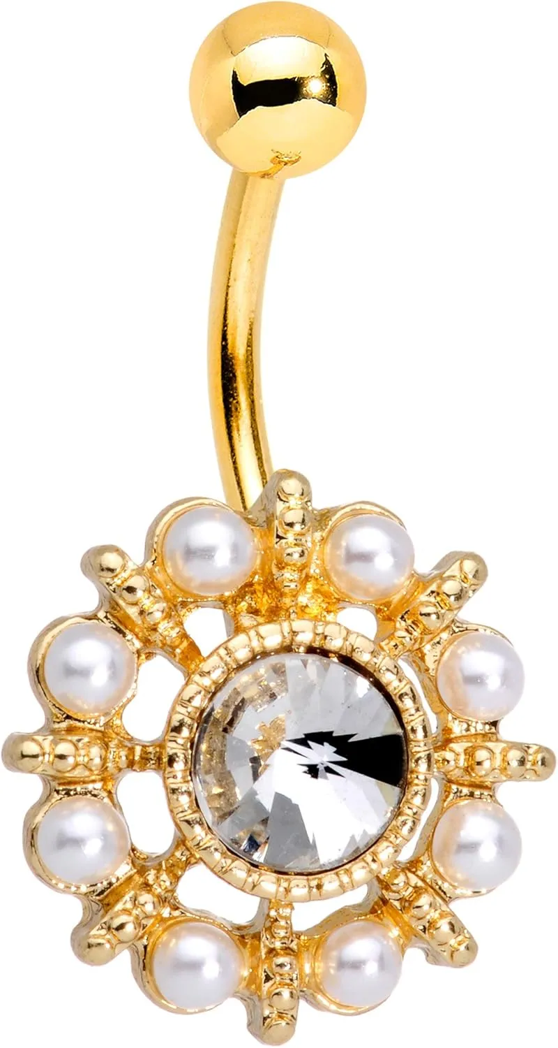 Body Candy Gold PVD Steel Clear Accent White Orb Sun Wheel Belly Ring