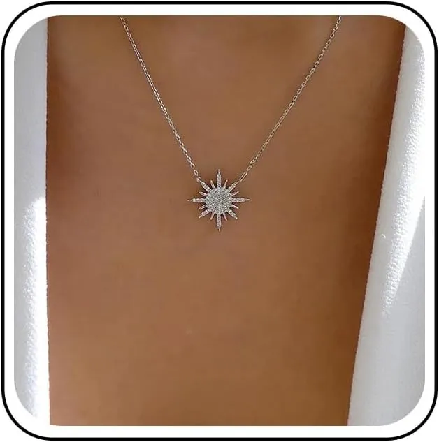 Boho Crystal Sun Pendant Necklace Rhinestone Sun Necklace Choker Gold Sunburst Choker Necklace Pave CZ Sunburst Necklace Chain Cubic Zirconia Necklace Jewelry for Women