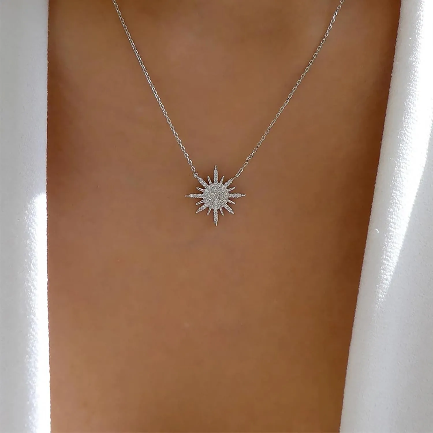 Boho Crystal Sun Pendant Necklace Rhinestone Sun Necklace Choker Gold Sunburst Choker Necklace Pave CZ Sunburst Necklace Chain Cubic Zirconia Necklace Jewelry for Women