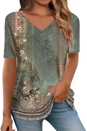 Boho Short Sleeve Tops for Women V Neck 2025 Summer Fashion Graphic Tees Vintage Floral Blouse Shirt
