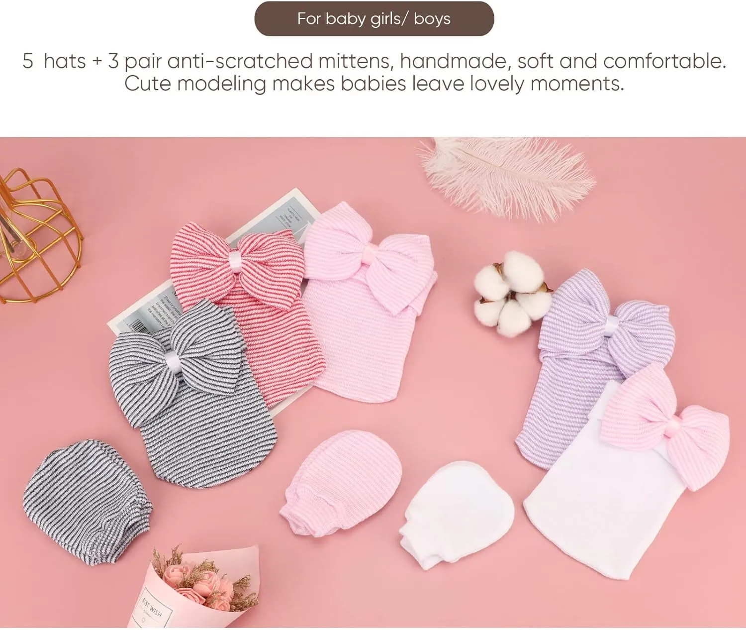 BQUBO Newborn Baby Caps Mittens for Baby Girls Baby Hats Scratch Mitten Gloves Set Soft Hospital Hat Infant Hats with Bow