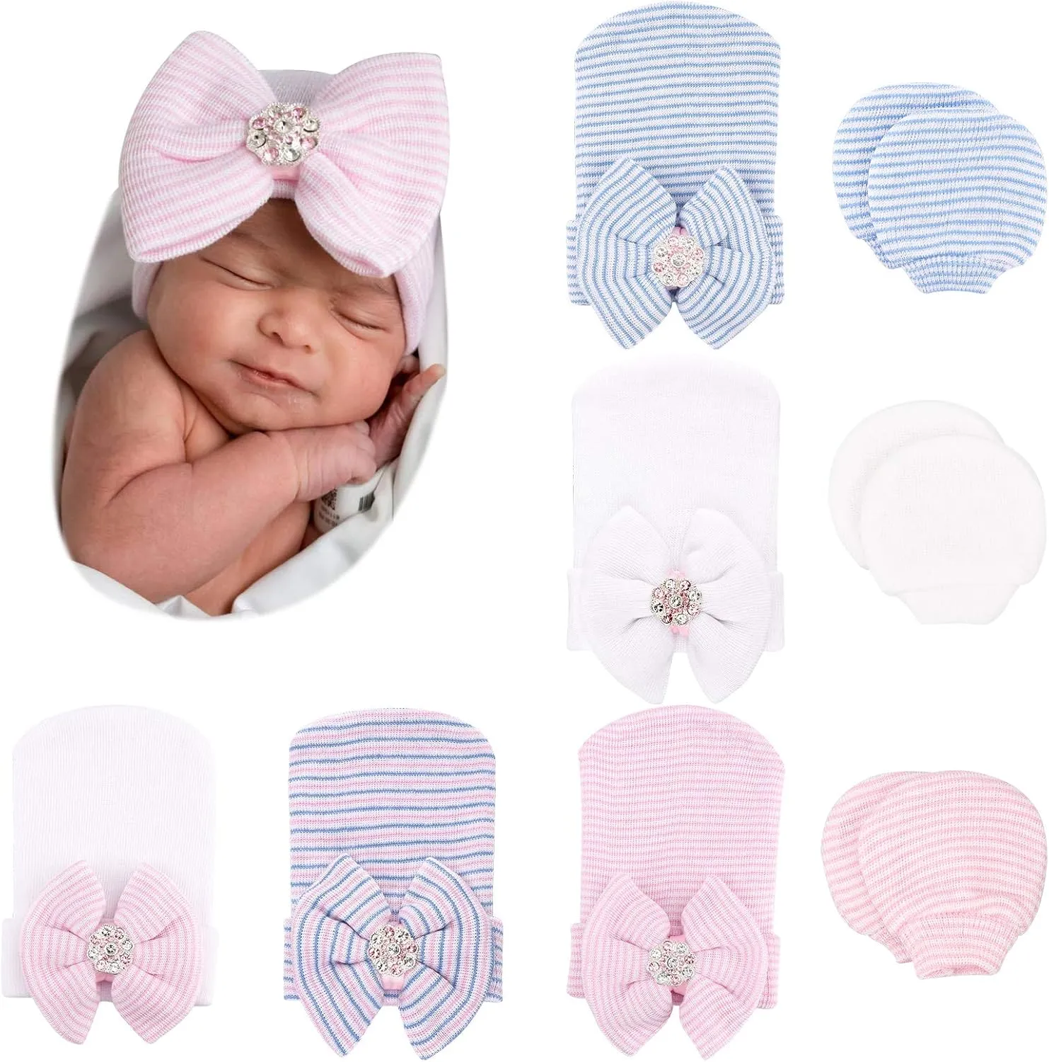 BQUBO Newborn Baby Caps Mittens for Baby Girls Baby Hats Scratch Mitten Gloves Set Soft Hospital Hat Infant Hats with Bow