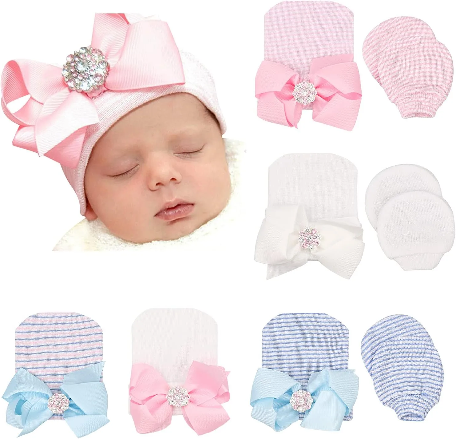 BQUBO Newborn Baby Caps Mittens for Baby Girls Baby Hats Scratch Mitten Gloves Set Soft Hospital Hat Infant Hats with Bow