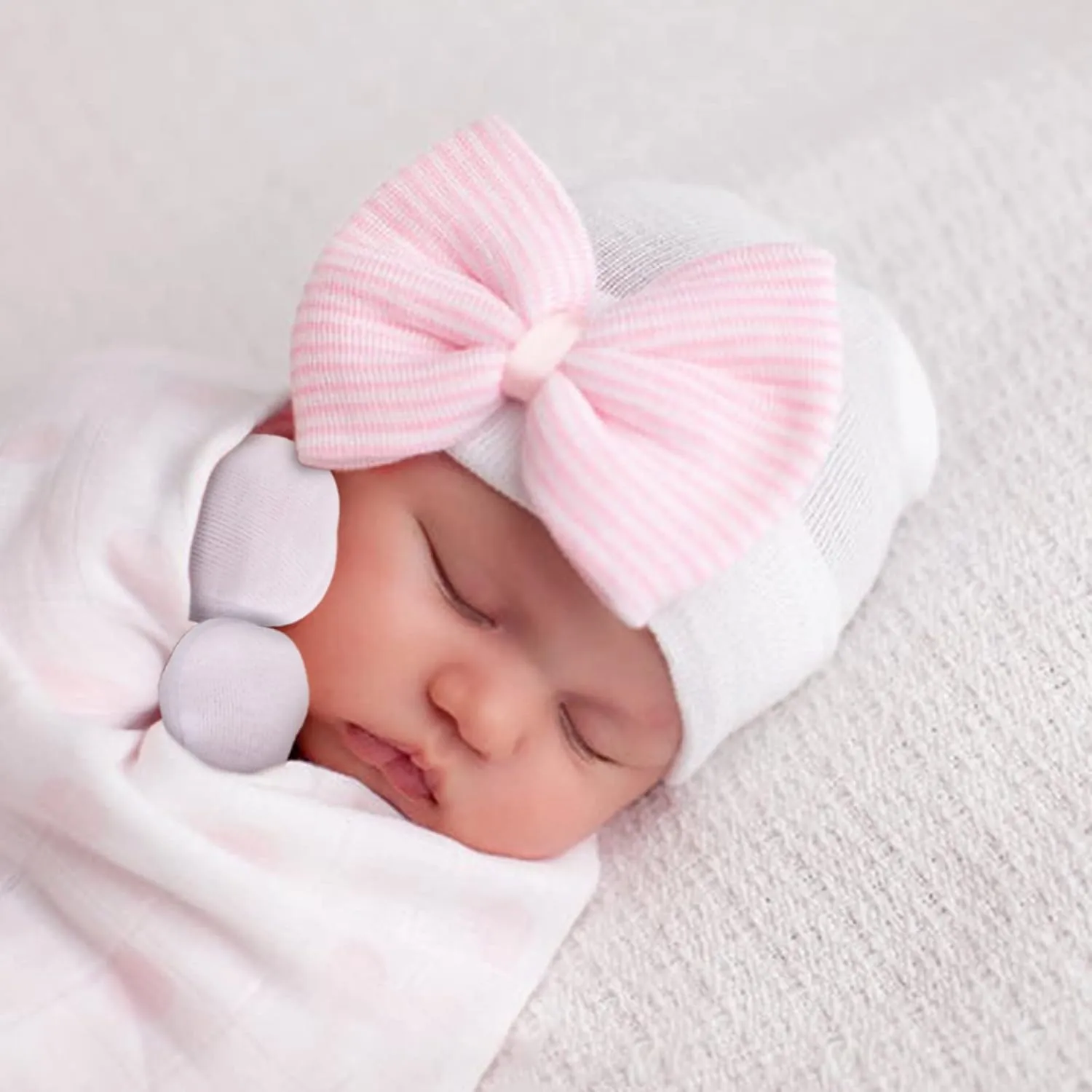 BQUBO Newborn Baby Caps Mittens for Baby Girls Baby Hats Scratch Mitten Gloves Set Soft Hospital Hat Infant Hats with Bow