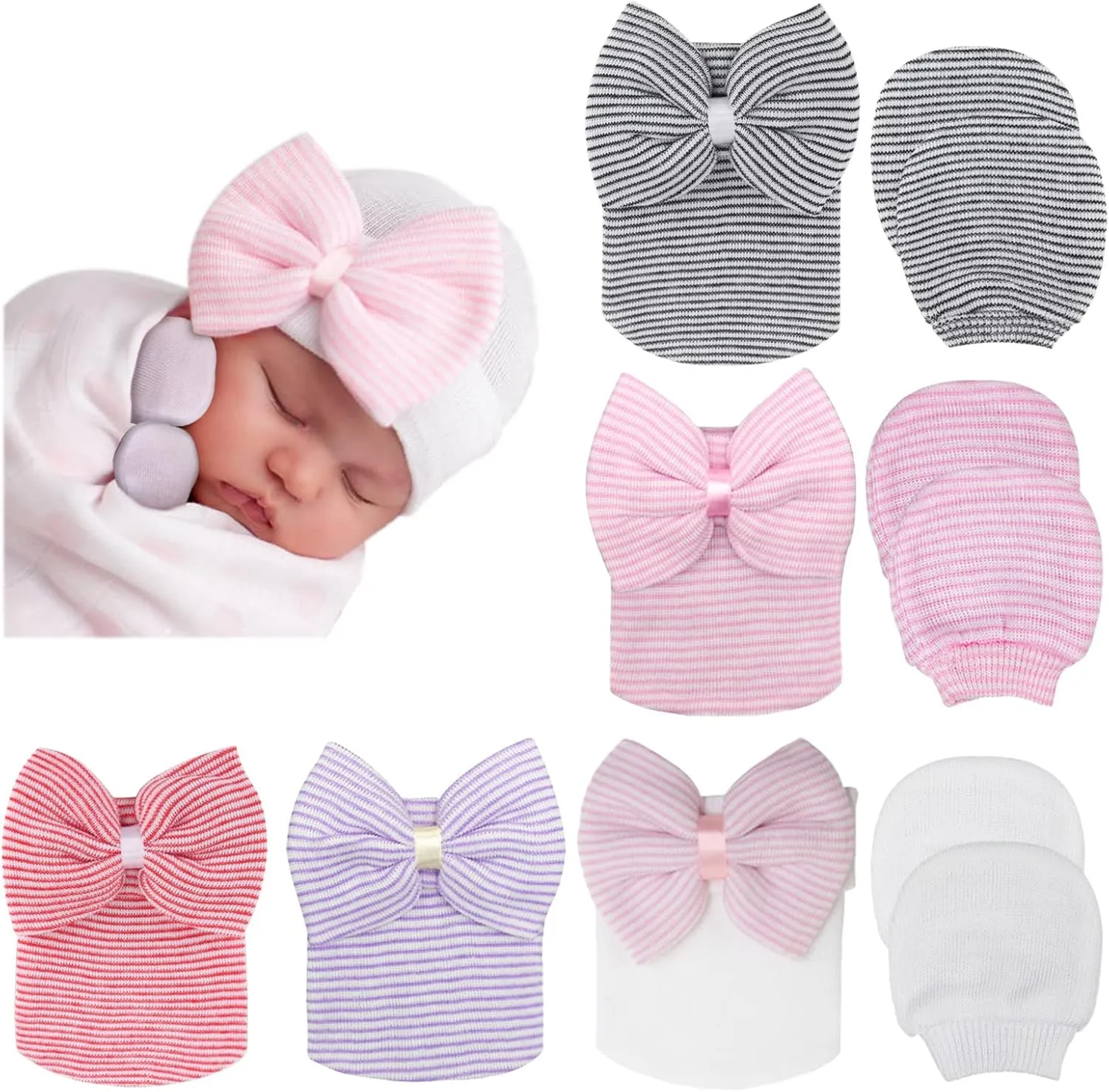 BQUBO Newborn Baby Caps Mittens for Baby Girls Baby Hats Scratch Mitten Gloves Set Soft Hospital Hat Infant Hats with Bow