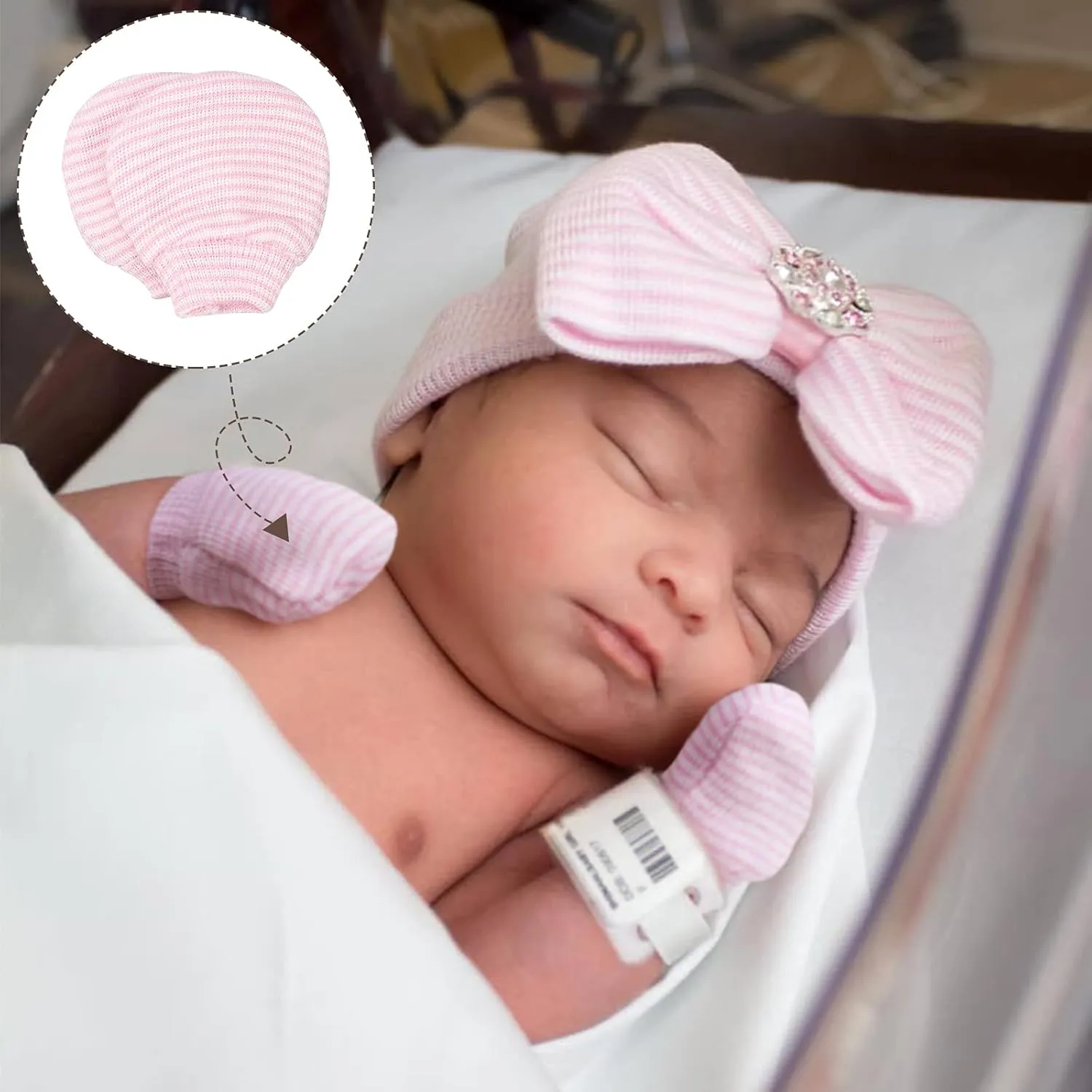 BQUBO Newborn Baby Caps Mittens for Baby Girls Baby Hats Scratch Mitten Gloves Set Soft Hospital Hat Infant Hats with Bow