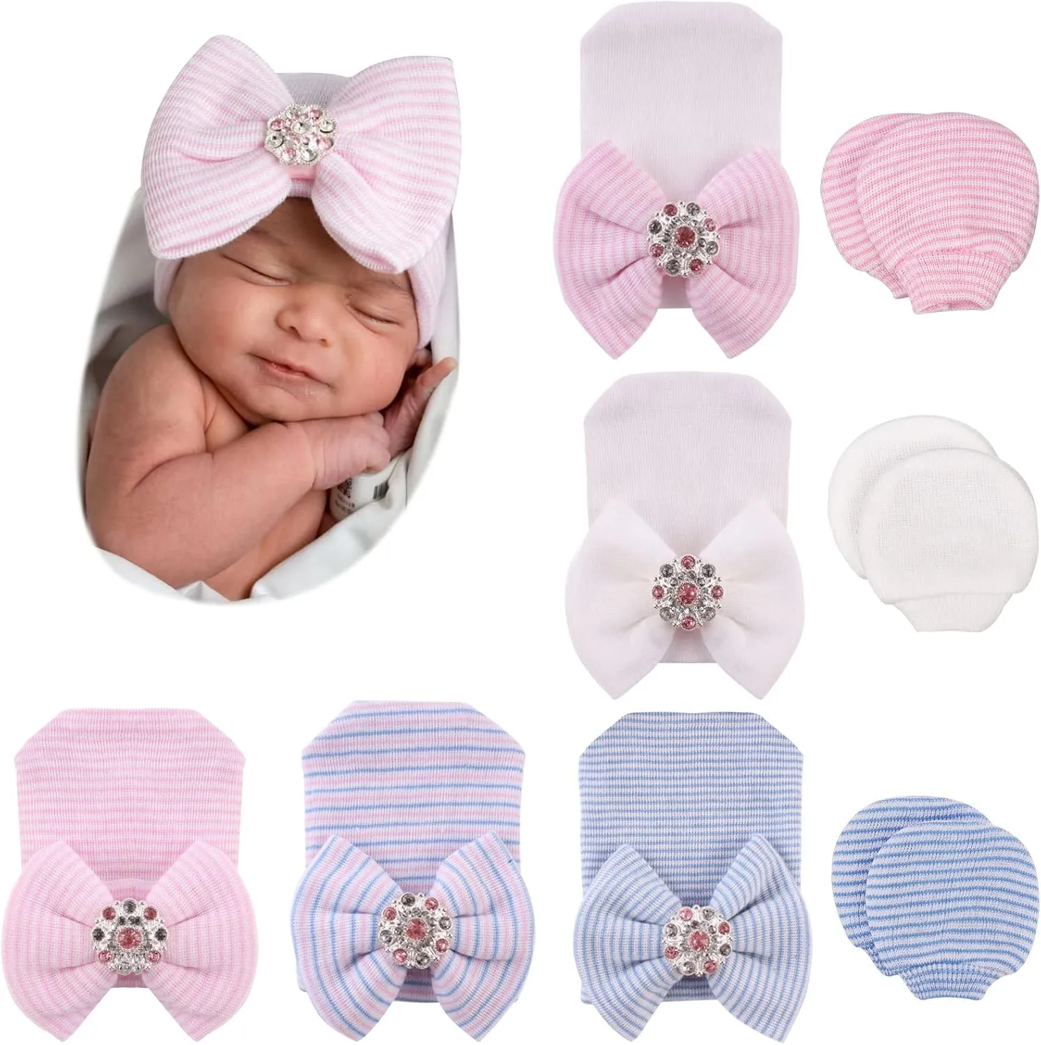 BQUBO Newborn Baby Caps Mittens for Baby Girls Baby Hats Scratch Mitten Gloves Set Soft Hospital Hat Infant Hats with Bow