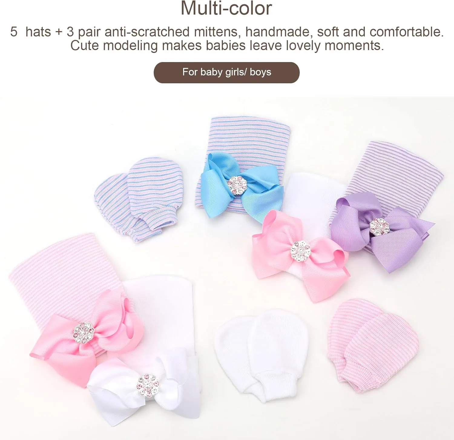 BQUBO Newborn Baby Caps Mittens for Baby Girls Baby Hats Scratch Mitten Gloves Set Soft Hospital Hat Infant Hats with Bow