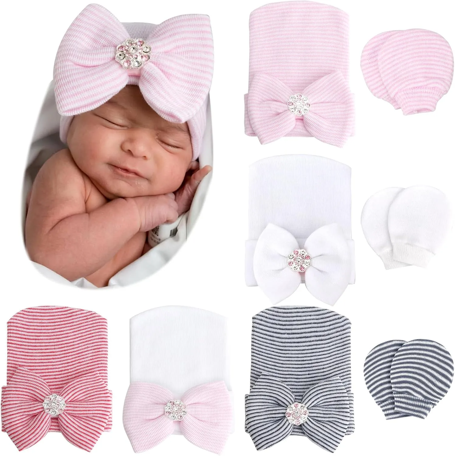BQUBO Newborn Baby Caps Mittens for Baby Girls Baby Hats Scratch Mitten Gloves Set Soft Hospital Hat Infant Hats with Bow