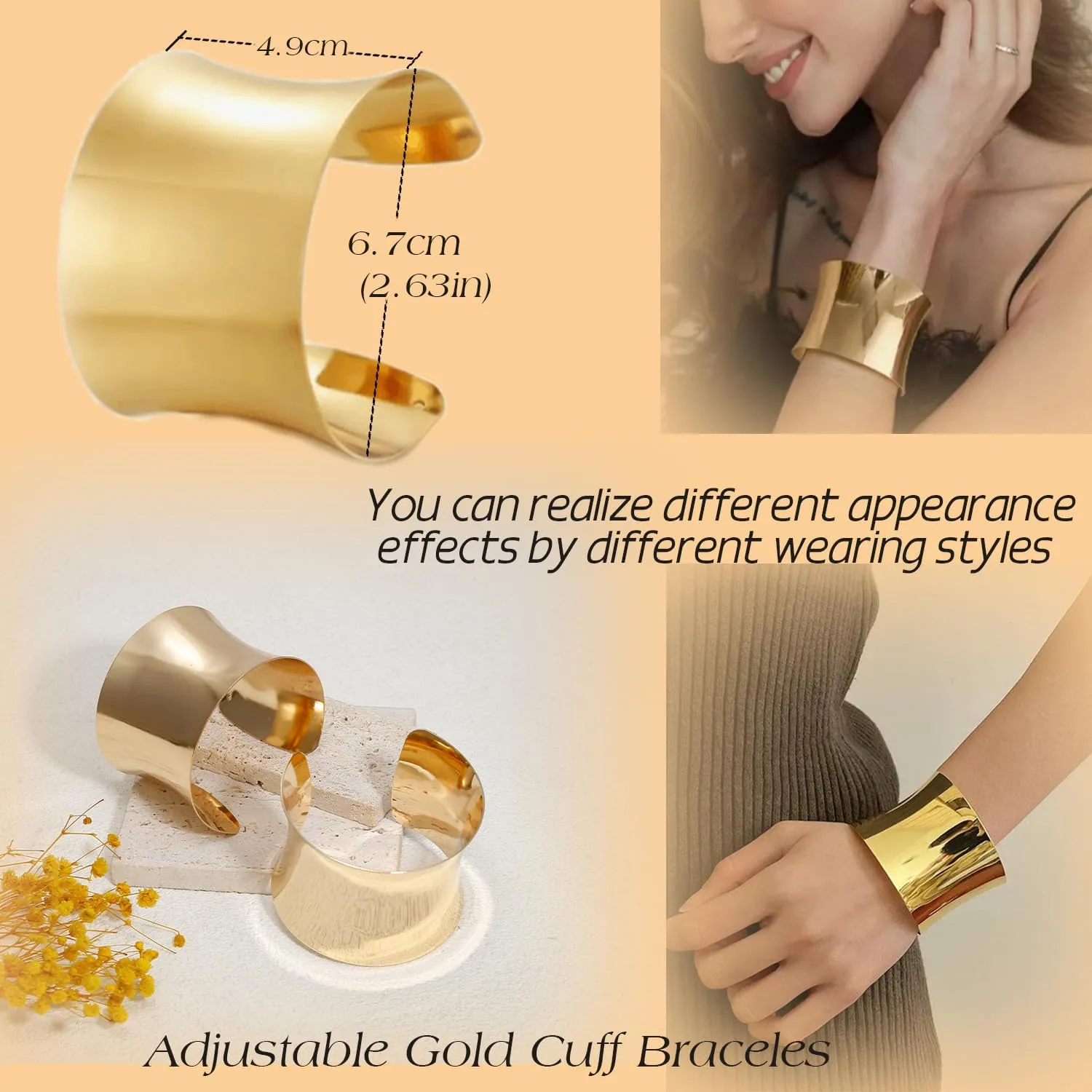 BROCC 2Pcs Gold Chunky Cuff Bracelets Set for Women Open Wide Bangle Bracelets Irregular Minimalist Statement Bangle Bracelets Punk Jewelry