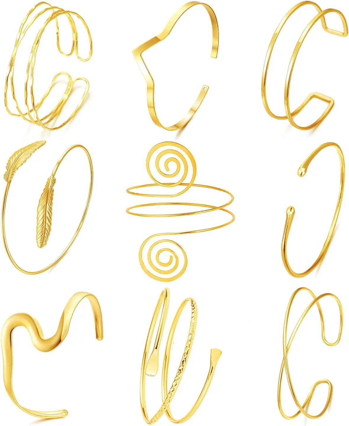 BROCC 9PCS Gold Arm Cuff Bangle Bracelets for Women Bangle Armband Coil Swirl Upper Armlet Arm Cuff Bracelets Simple Adjustable Armband Jewelry Set