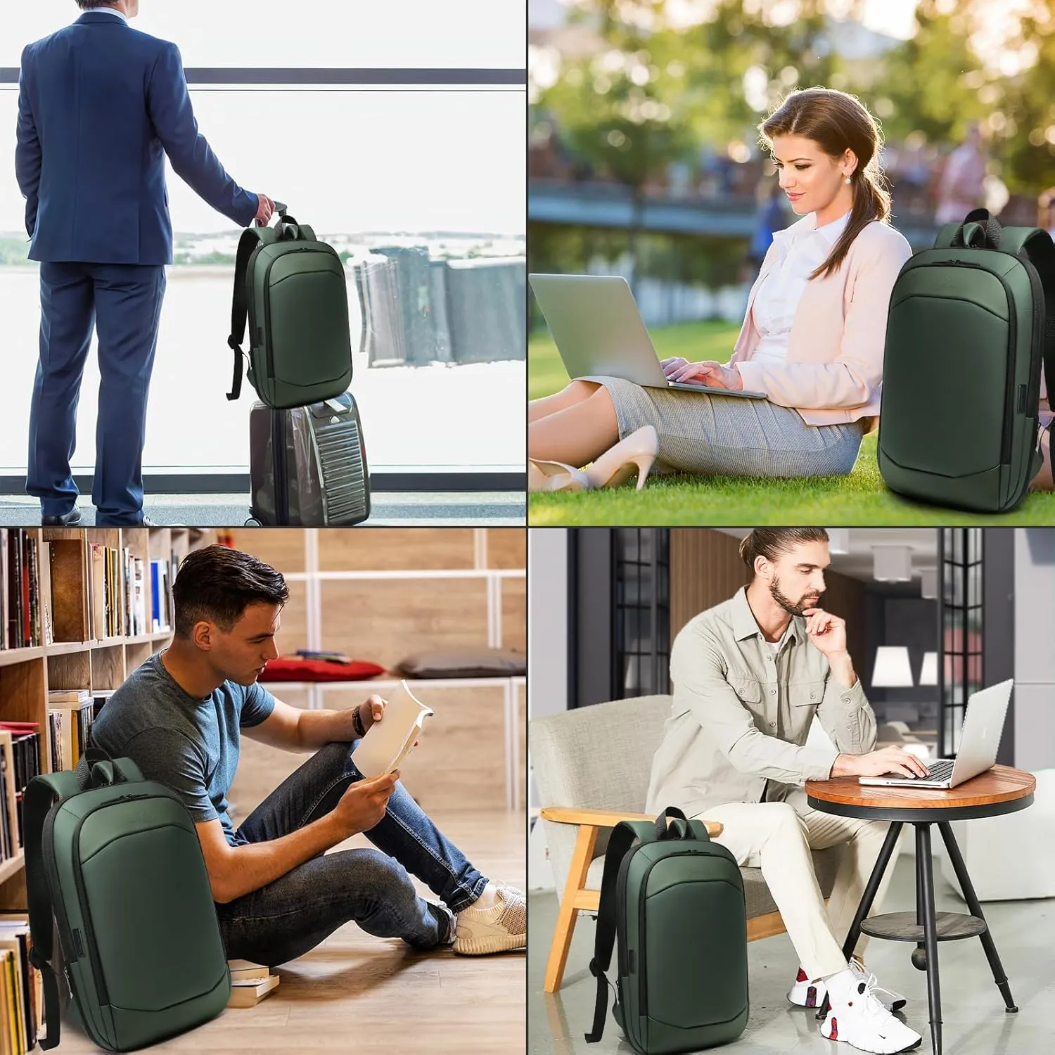 Business Backpack 17 Inch Slim Expandable Waterproof Travel Laptop Backpacks with USB Charger Port Anti-Theft Lightweight Large Work Computer Bag College Laptop Backpacks Gifts for Men Women, Green