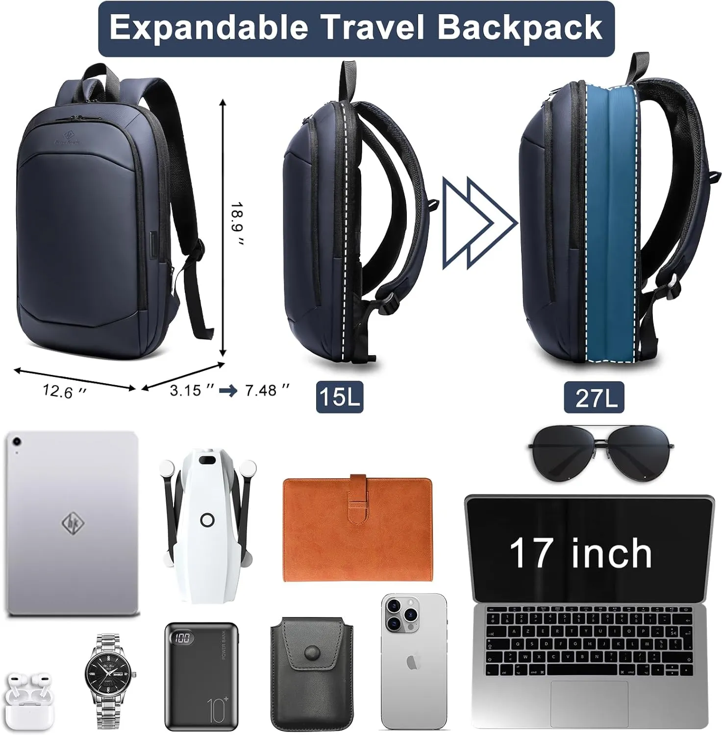 Business Backpack 17 Inch Slim Expandable Waterproof Travel Laptop Backpacks with USB Charger Port Anti-Theft Lightweight Large Work Computer Bag College Laptop Backpacks Gifts for Men Women,Dark Blue