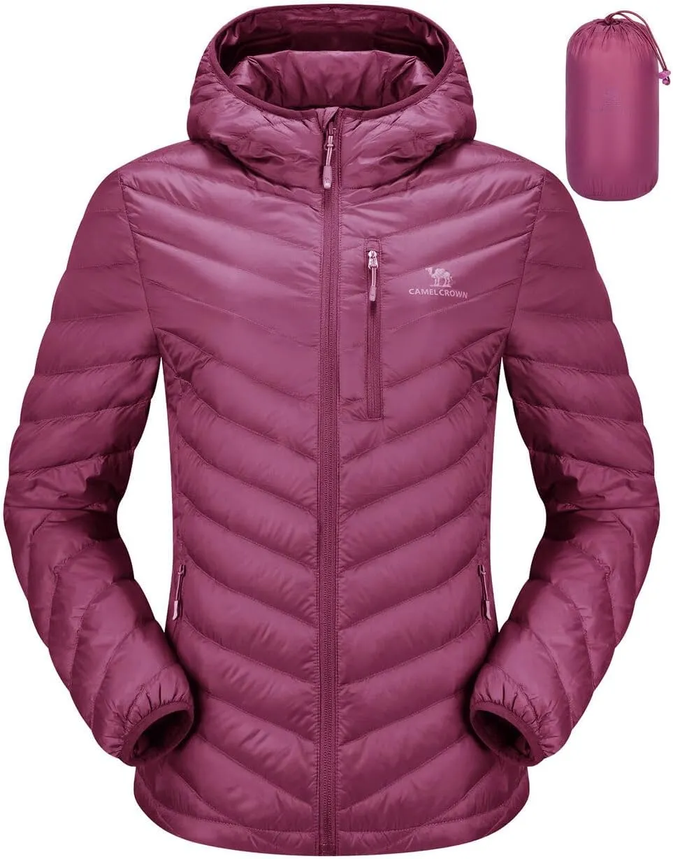 CAMEL CROWN Women's Down Jackets Lightweight Puffer Jackets Packable Quilted Winter Coat Hooded Outerwear With Chest Pocket