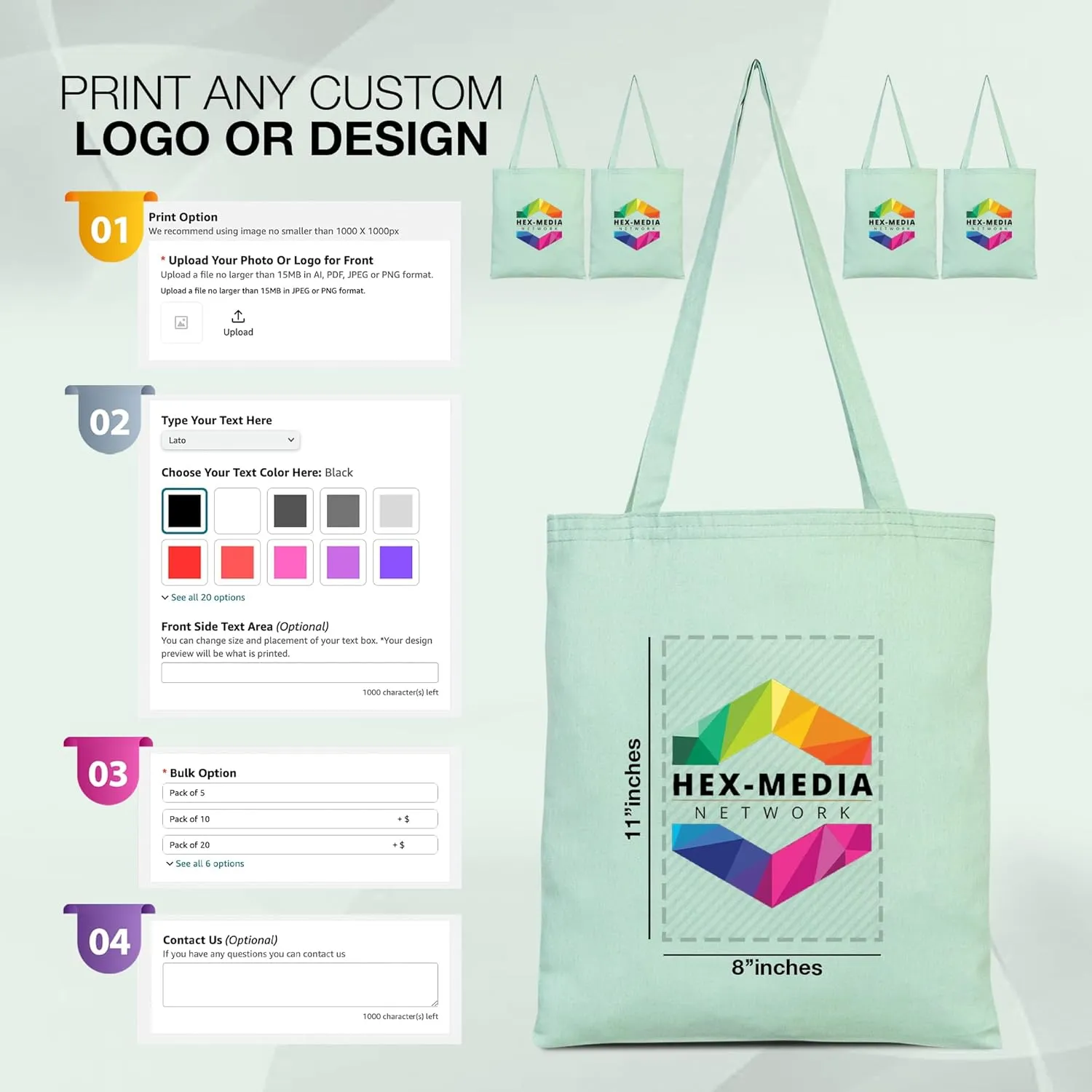 Canvas Tote Bag - Personalized, Reusable, Eco-Friendly Shoulder Bag - Custom Logo Cotton Shopping Bags for Grocery, Wedding Favor, Promotional Use - Ideal Teacher Bag Mint Green