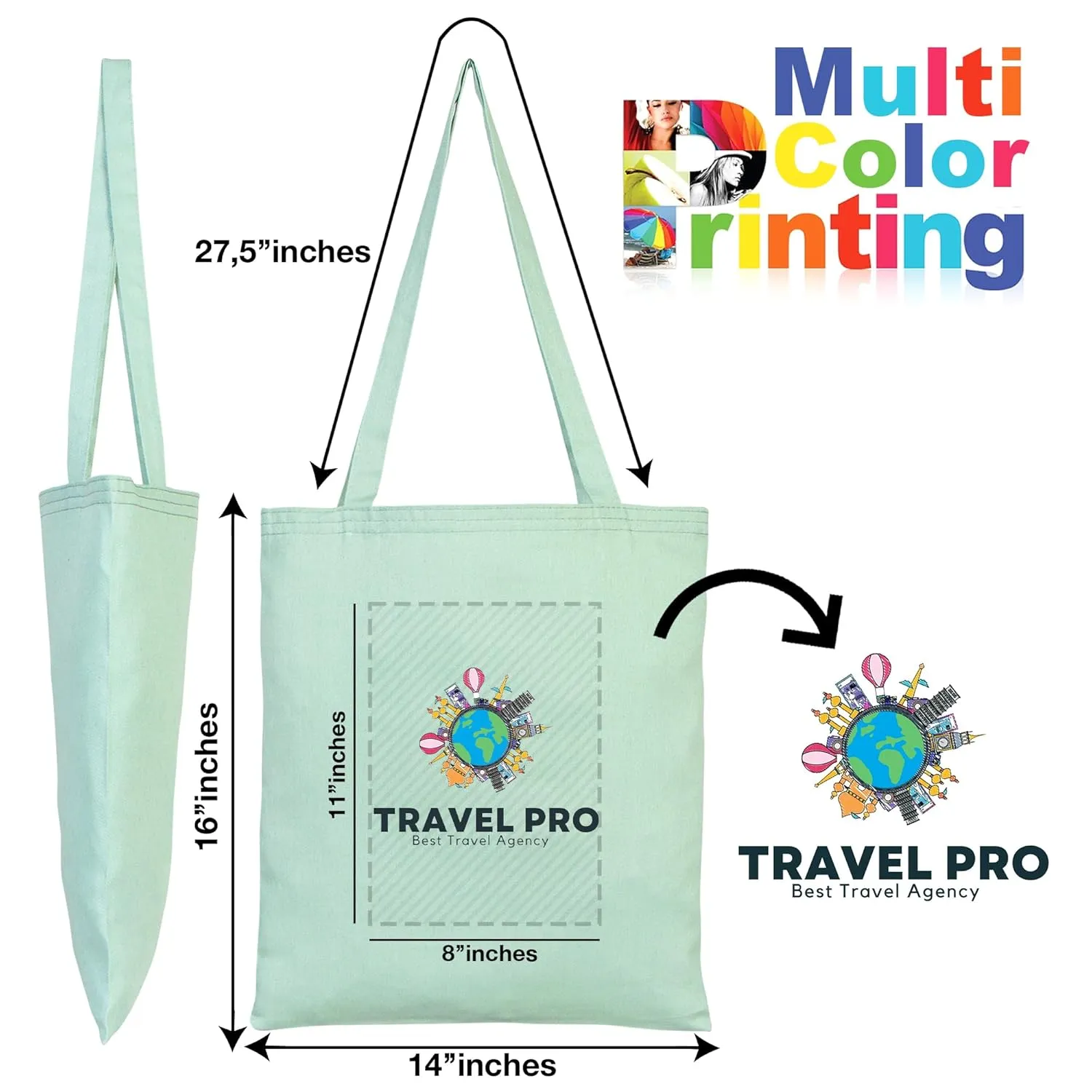Canvas Tote Bag - Personalized, Reusable, Eco-Friendly Shoulder Bag - Custom Logo Cotton Shopping Bags for Grocery, Wedding Favor, Promotional Use - Ideal Teacher Bag Mint Green