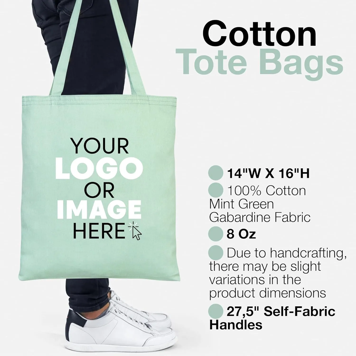 Canvas Tote Bag - Personalized, Reusable, Eco-Friendly Shoulder Bag - Custom Logo Cotton Shopping Bags for Grocery, Wedding Favor, Promotional Use - Ideal Teacher Bag Mint Green