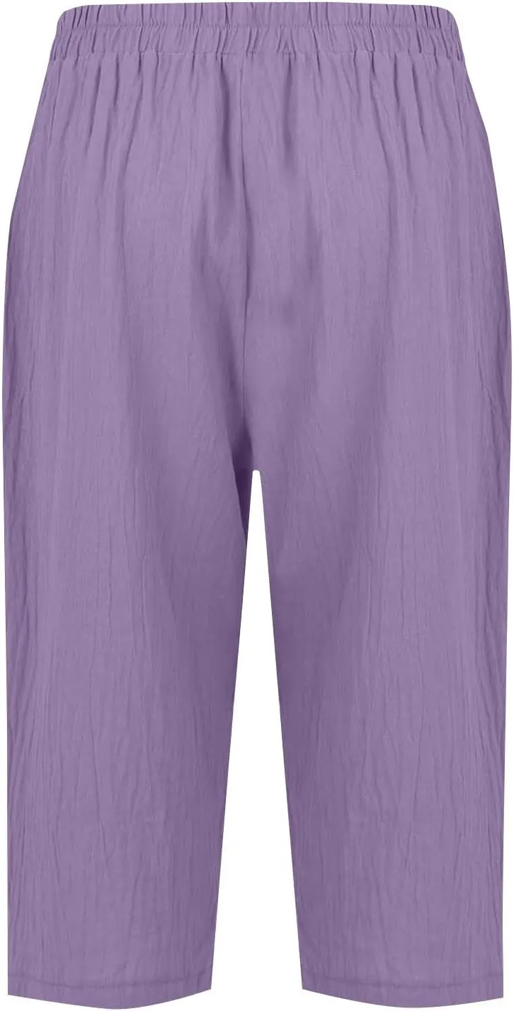 Capri Linen Pants for Women Petite Women's Wide Leg Pants Casual Drawstring Lounge Palazzo Loose Trousers